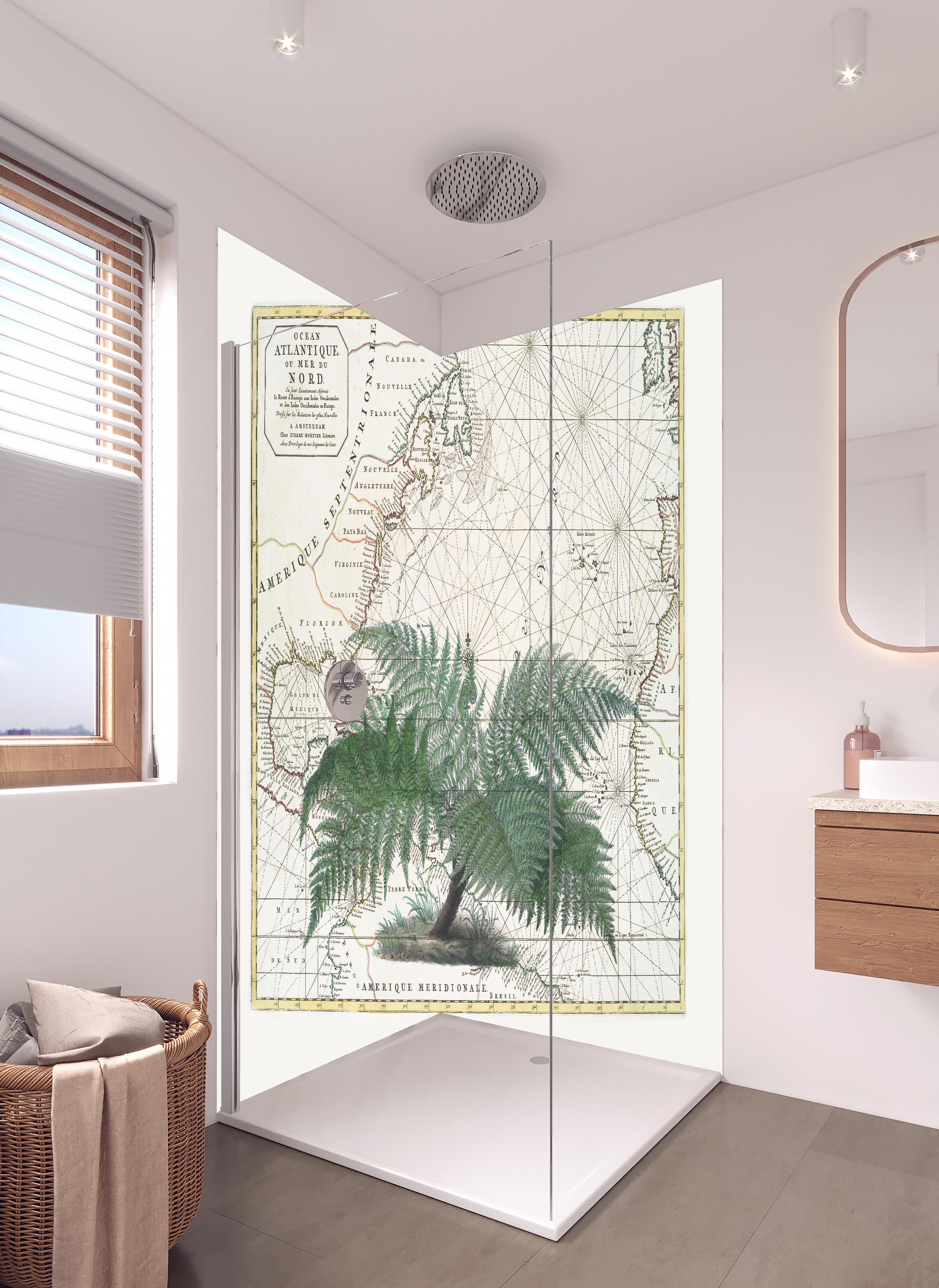 Duschrückwand - Tropical Empire No4 in hellem Badezimmer mit Regenduschkopf - zweiteilige Eck-Duschrückwand