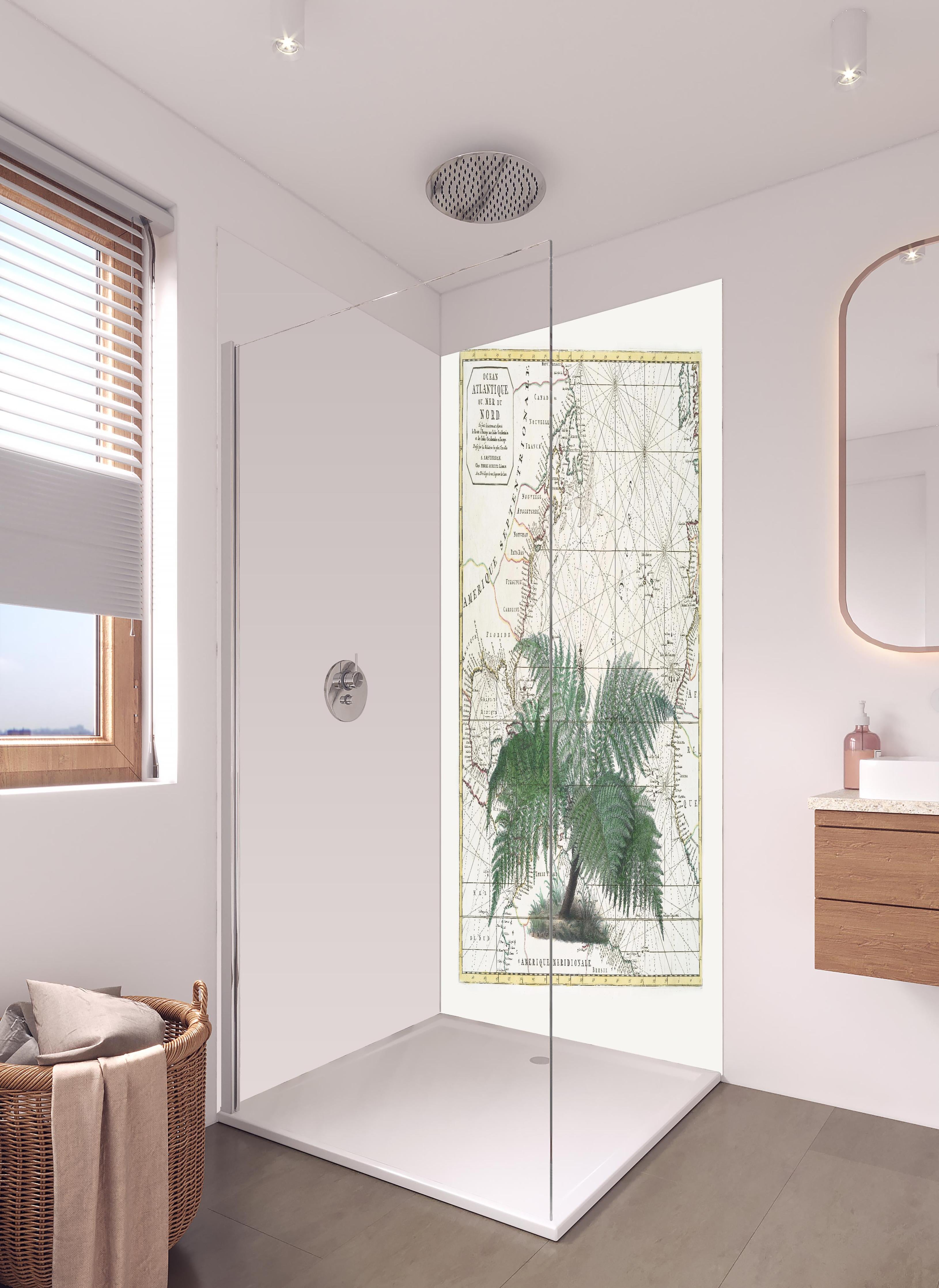 Duschrückwand - Tropical Empire No4 in hellem Badezimmer mit Regenduschkopf - zweiteilige Eck-Duschrückwand