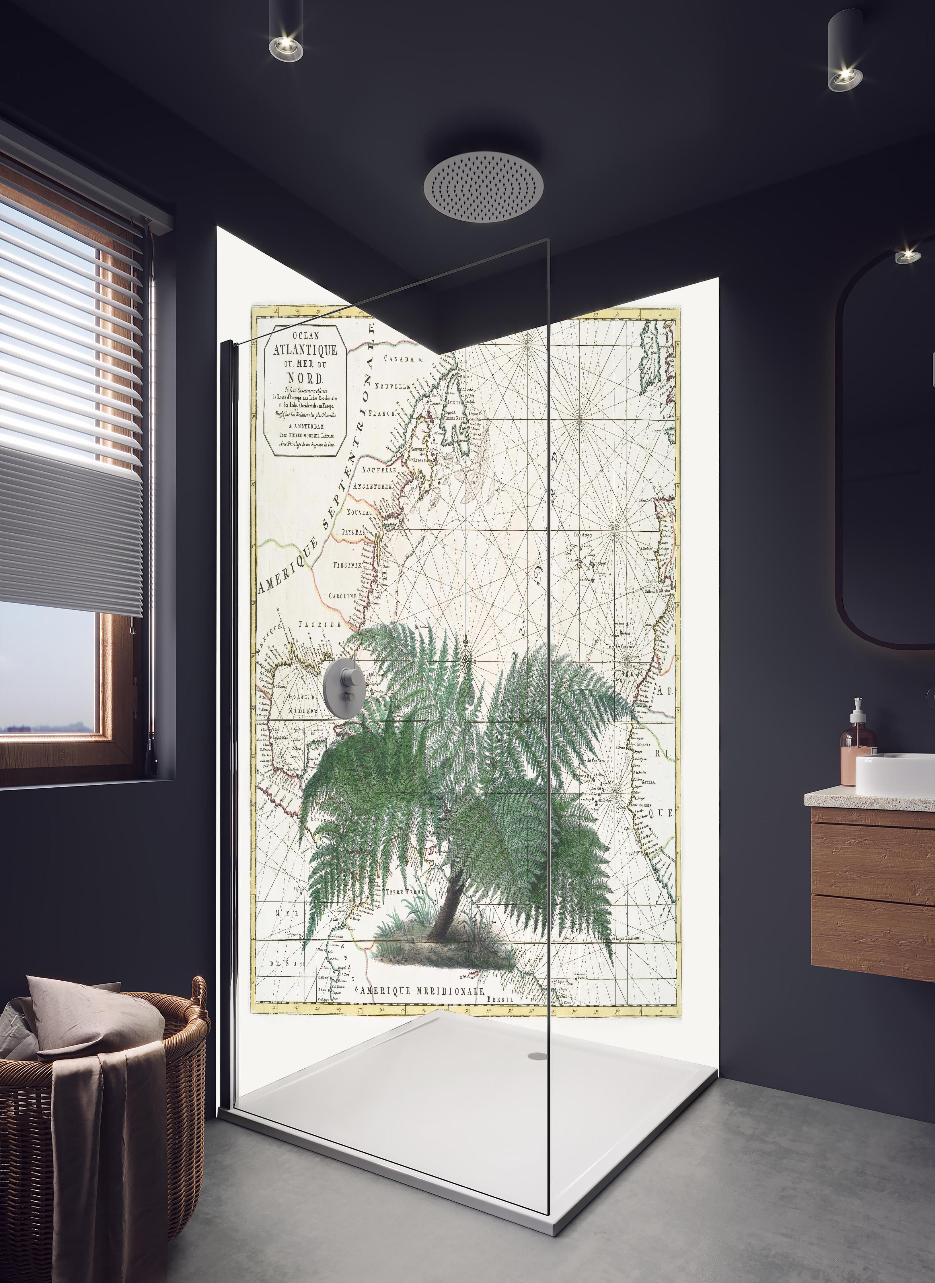 Duschrückwand - Tropical Empire No4 in hellem Badezimmer mit Regenduschkopf - zweiteilige Eck-Duschrückwand