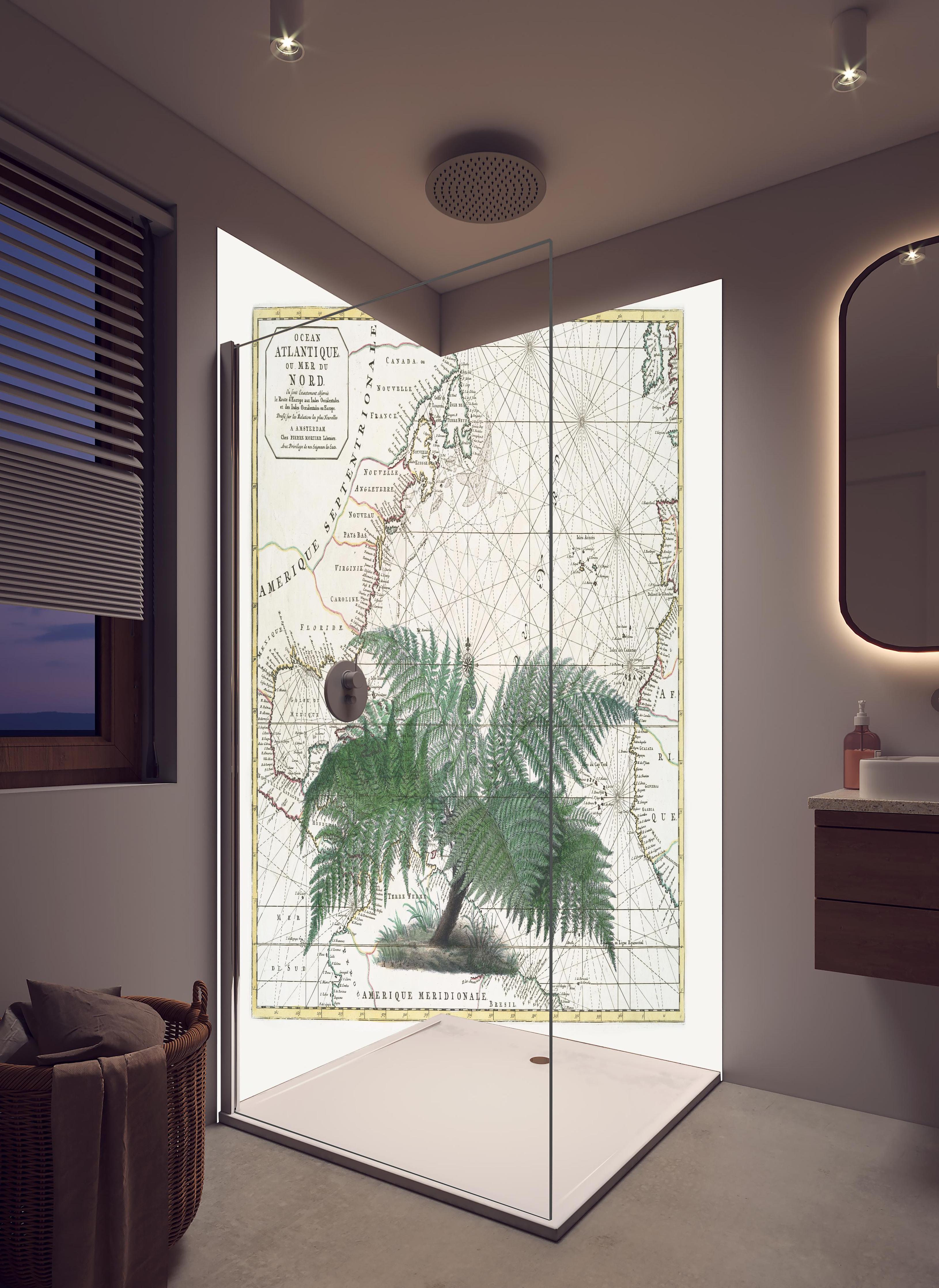 Duschrückwand - Tropical Empire No4 in hellem Badezimmer mit Regenduschkopf - zweiteilige Eck-Duschrückwand