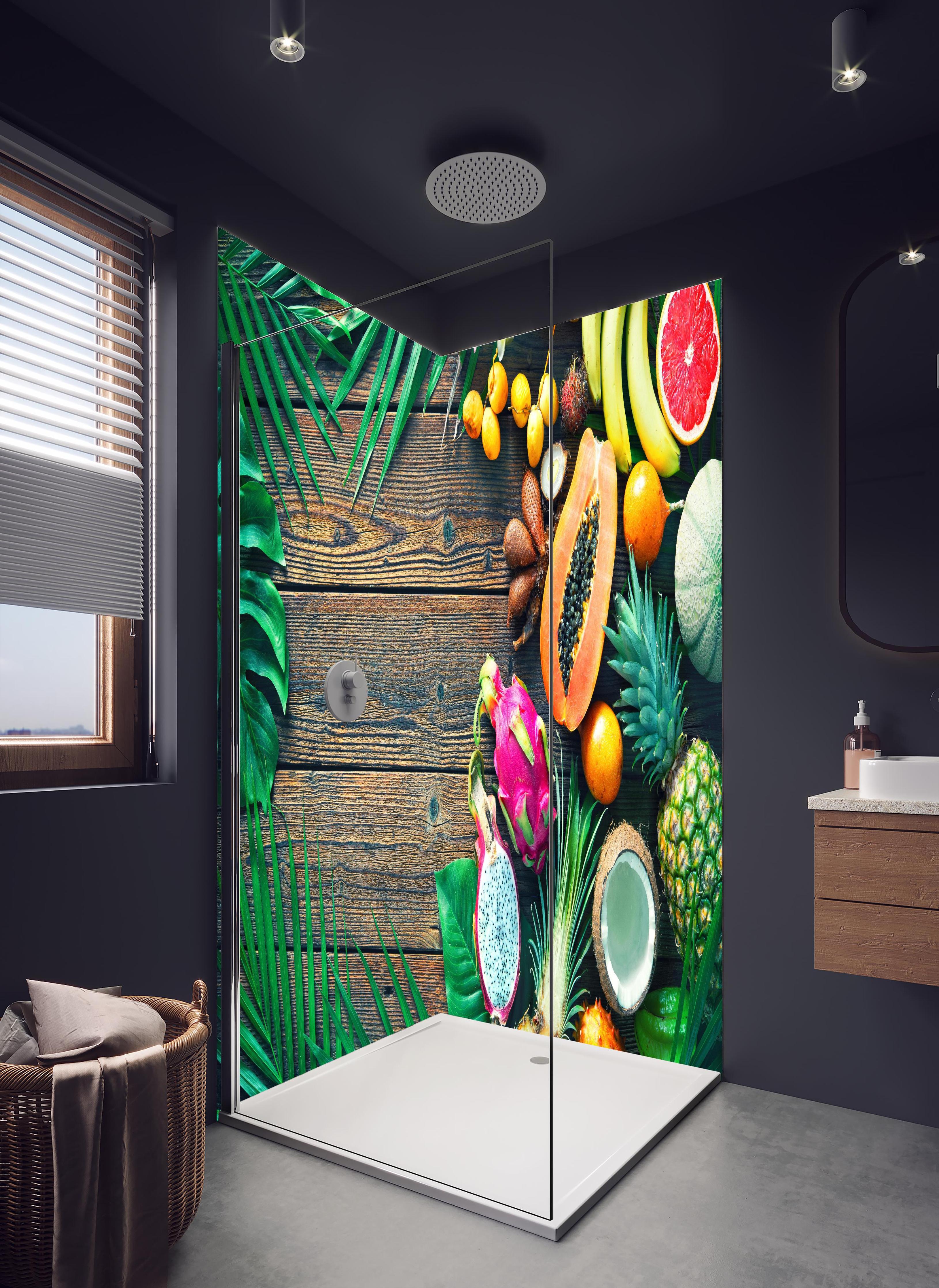 Duschrückwand - Tropische Früchte auf Holztisch in hellem Badezimmer mit Regenduschkopf - zweiteilige Eck-Duschrückwand