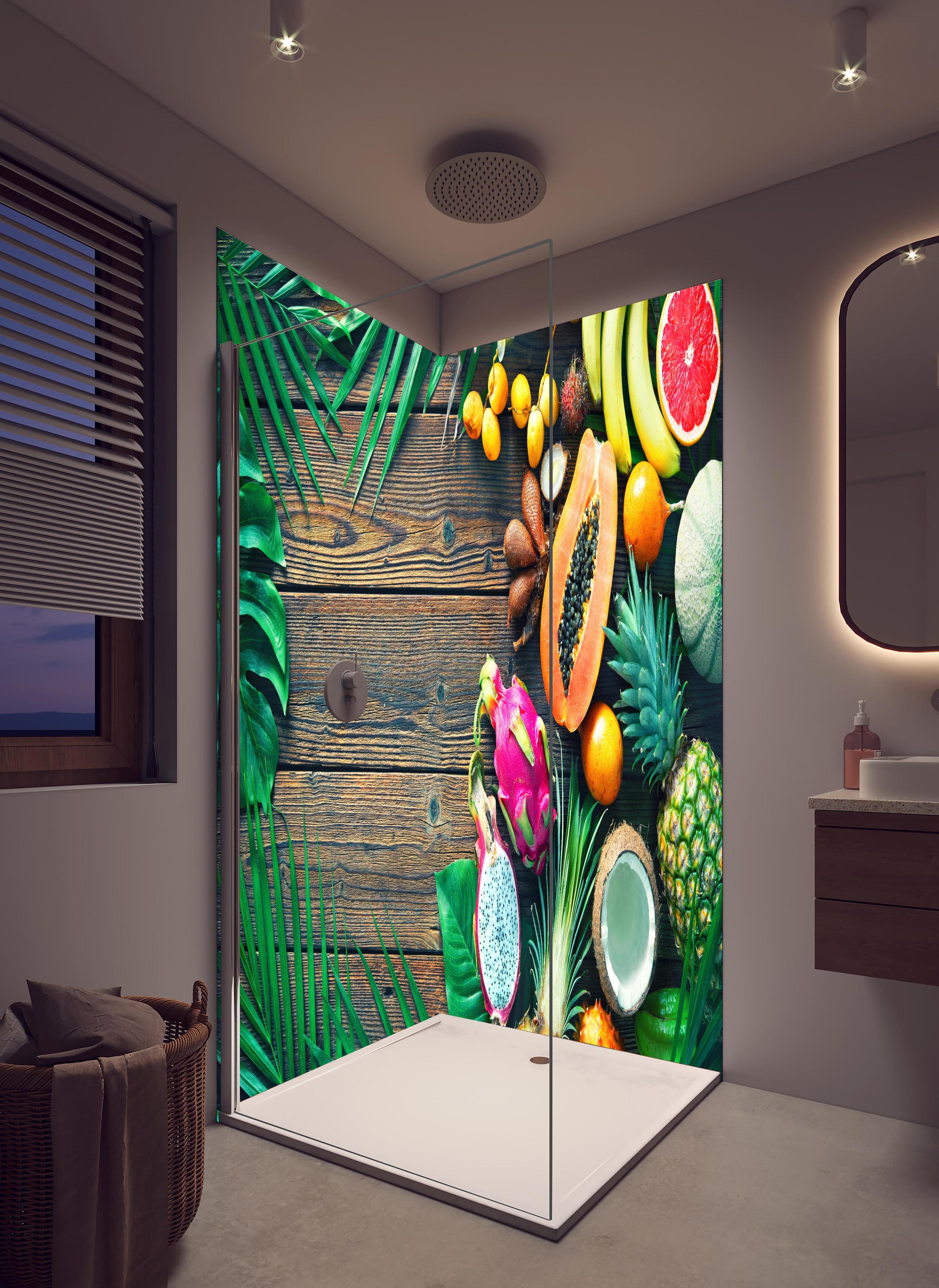 Duschrückwand - Tropische Früchte auf Holztisch in hellem Badezimmer mit Regenduschkopf - zweiteilige Eck-Duschrückwand