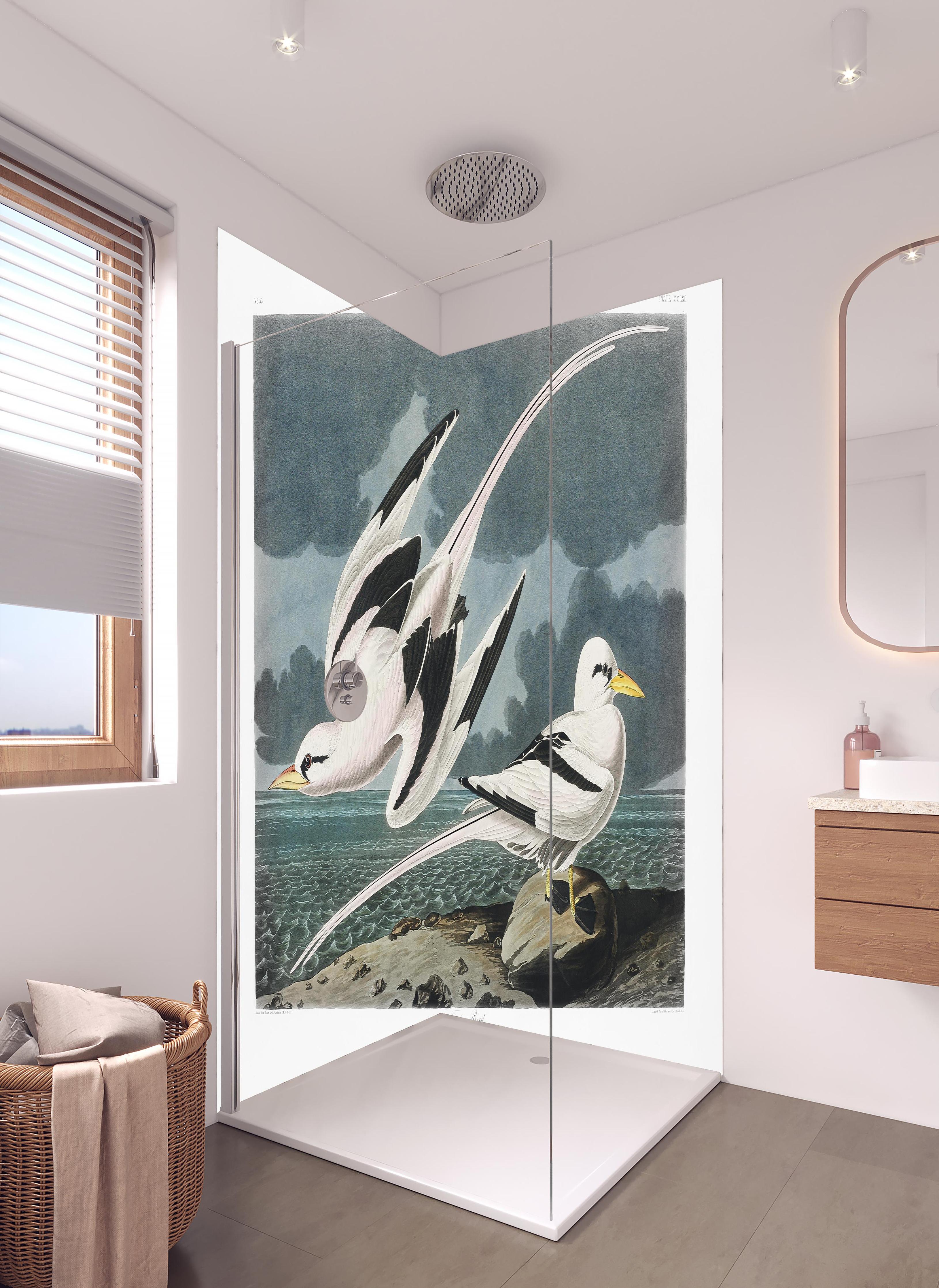 Duschrückwand - Tropische Vögel - John James Audubon in hellem Badezimmer mit Regenduschkopf - zweiteilige Eck-Duschrückwand