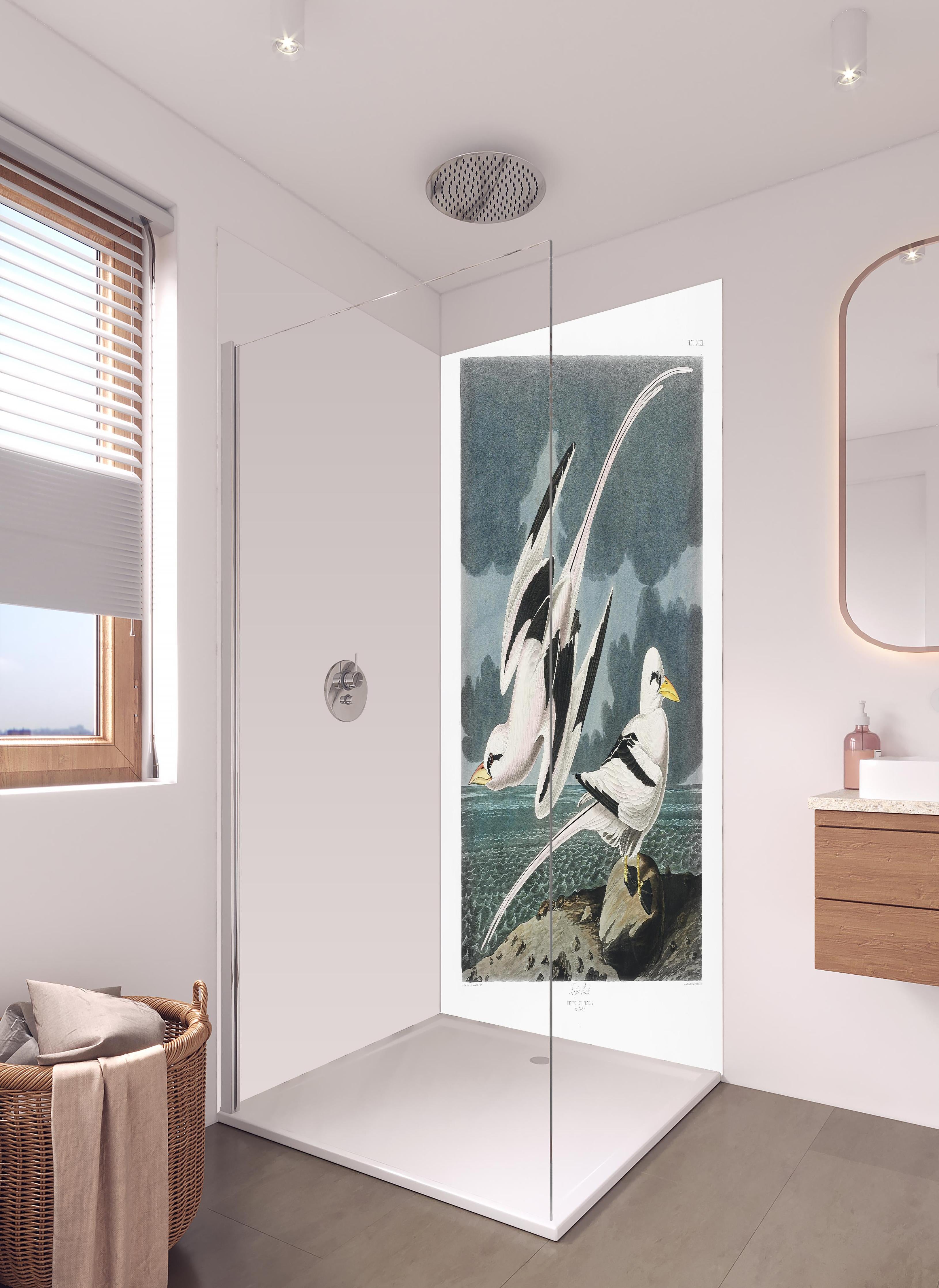 Duschrückwand - Tropische Vögel - John James Audubon in hellem Badezimmer mit Regenduschkopf - zweiteilige Eck-Duschrückwand