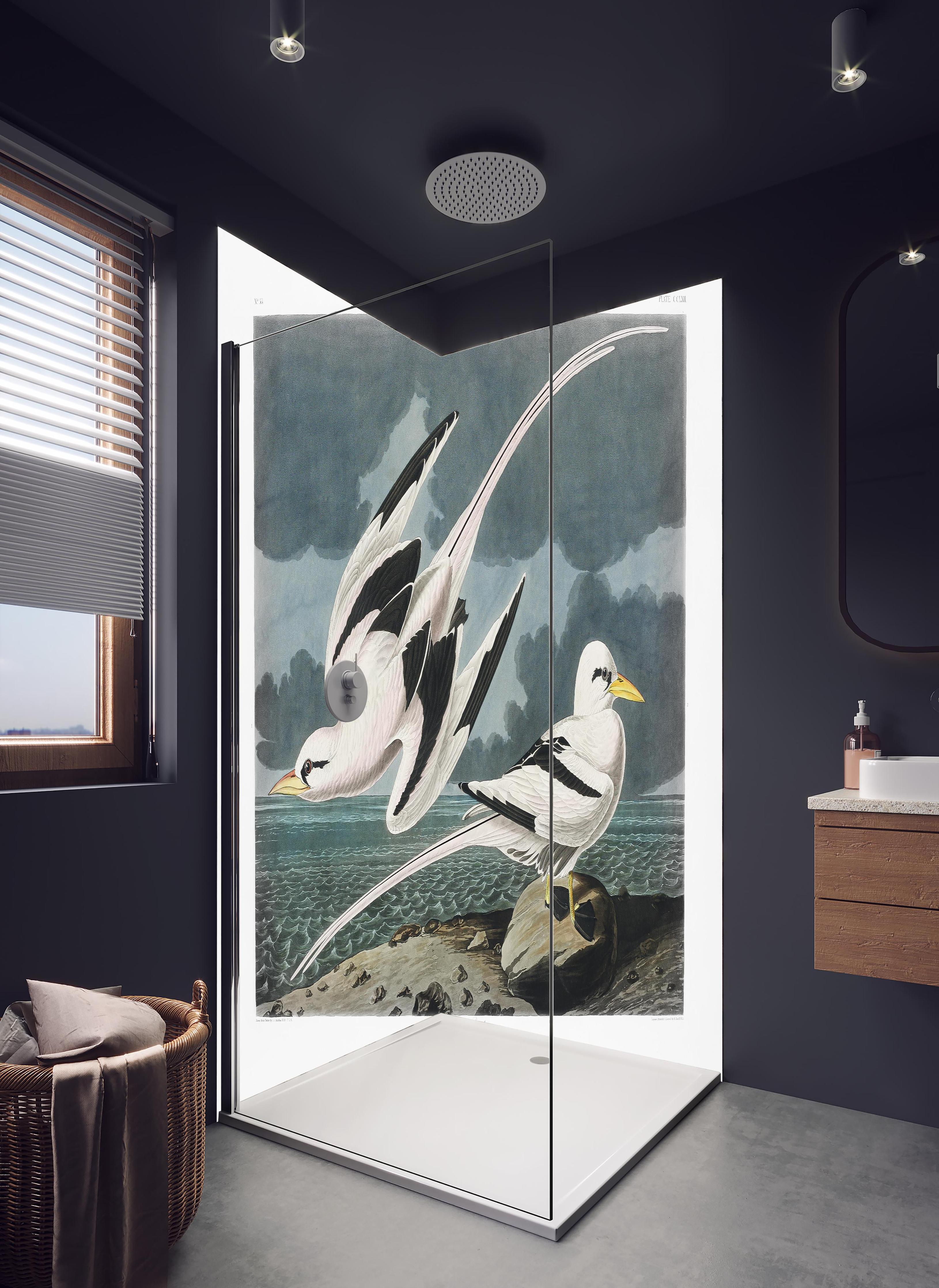 Duschrückwand - Tropische Vögel - John James Audubon in hellem Badezimmer mit Regenduschkopf - zweiteilige Eck-Duschrückwand