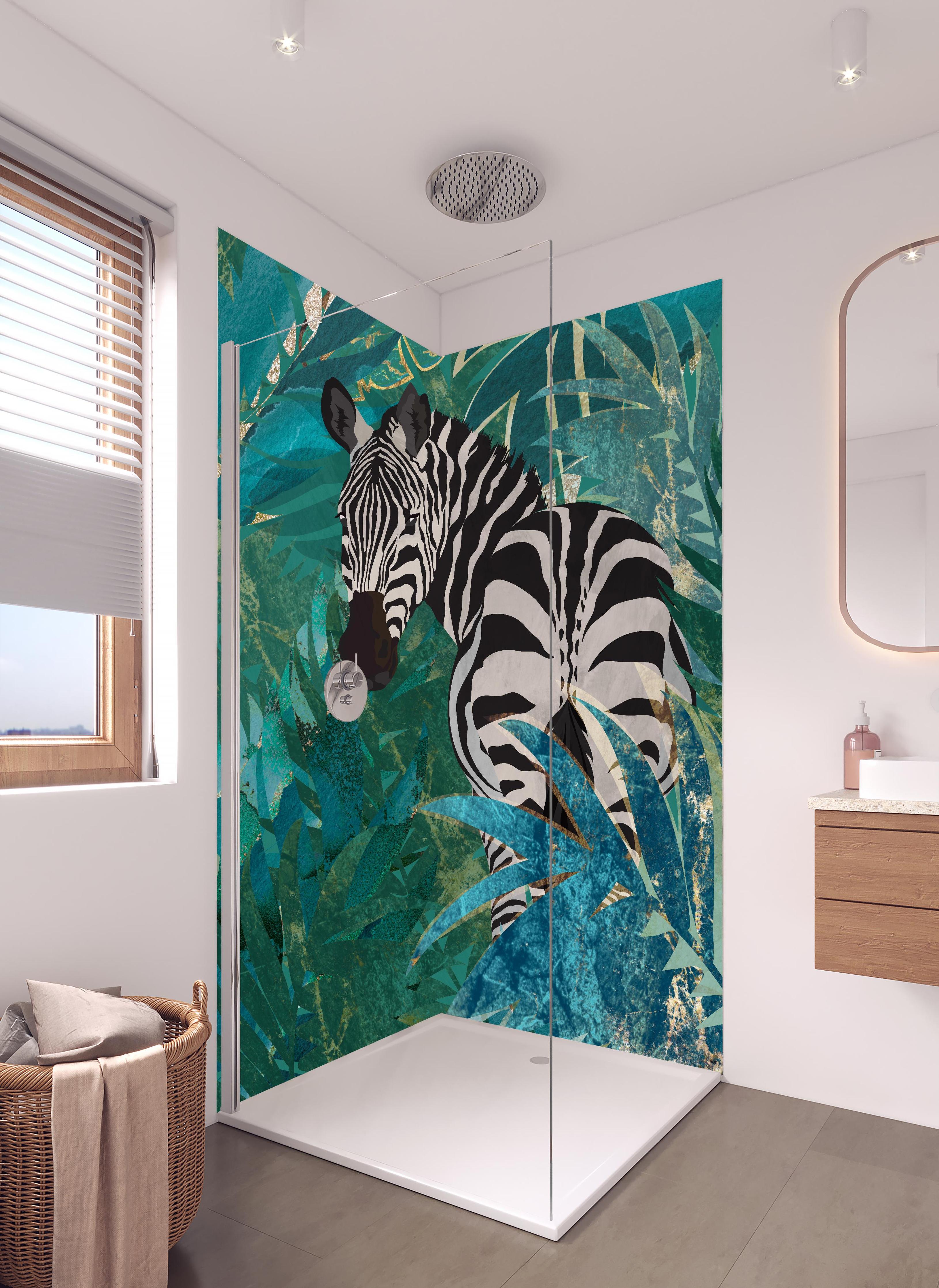 Duschrückwand - Tropische Zeichnung - Zebra in hellem Badezimmer mit Regenduschkopf - zweiteilige Eck-Duschrückwand