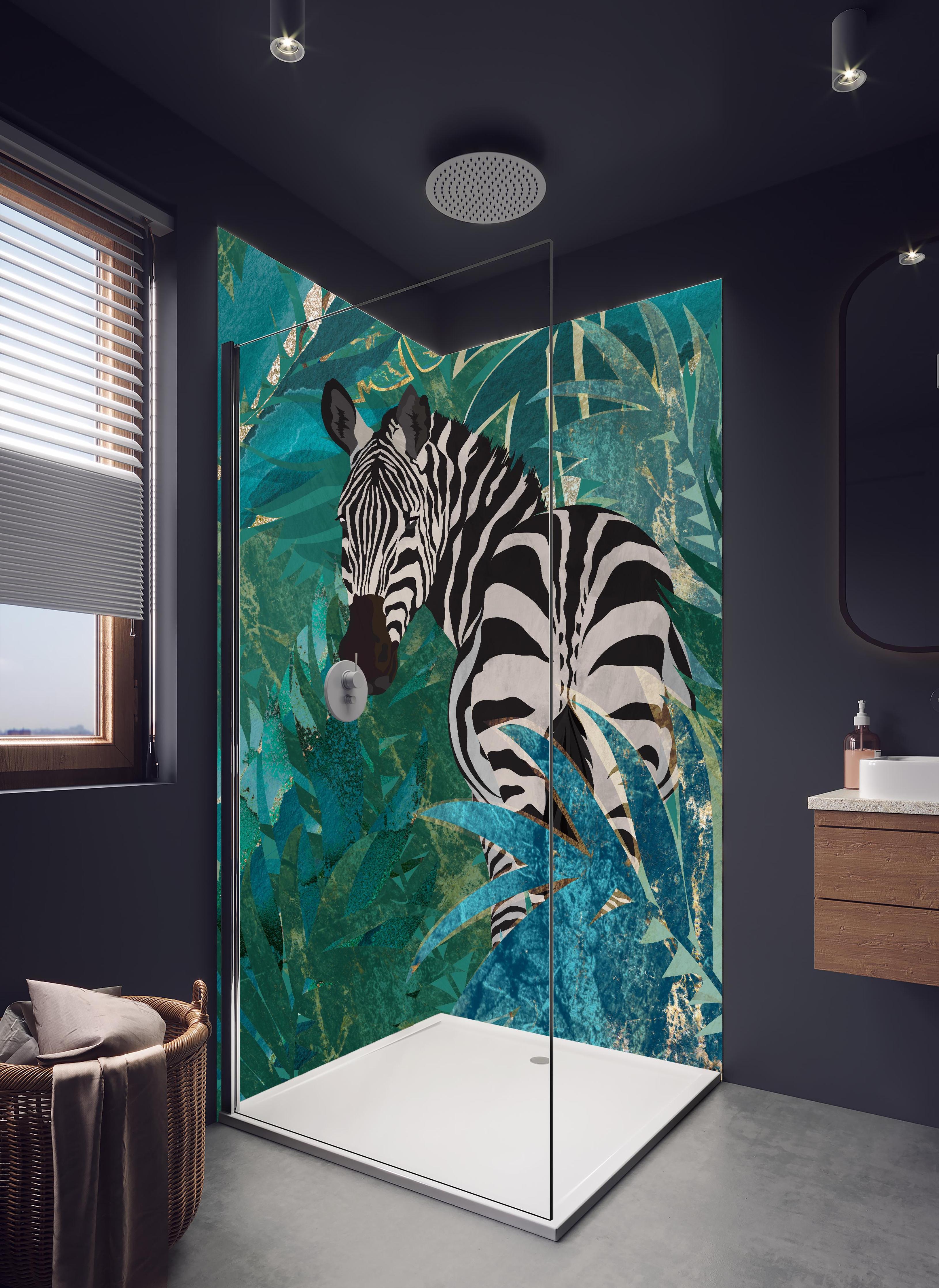 Duschrückwand - Tropische Zeichnung - Zebra in hellem Badezimmer mit Regenduschkopf - zweiteilige Eck-Duschrückwand