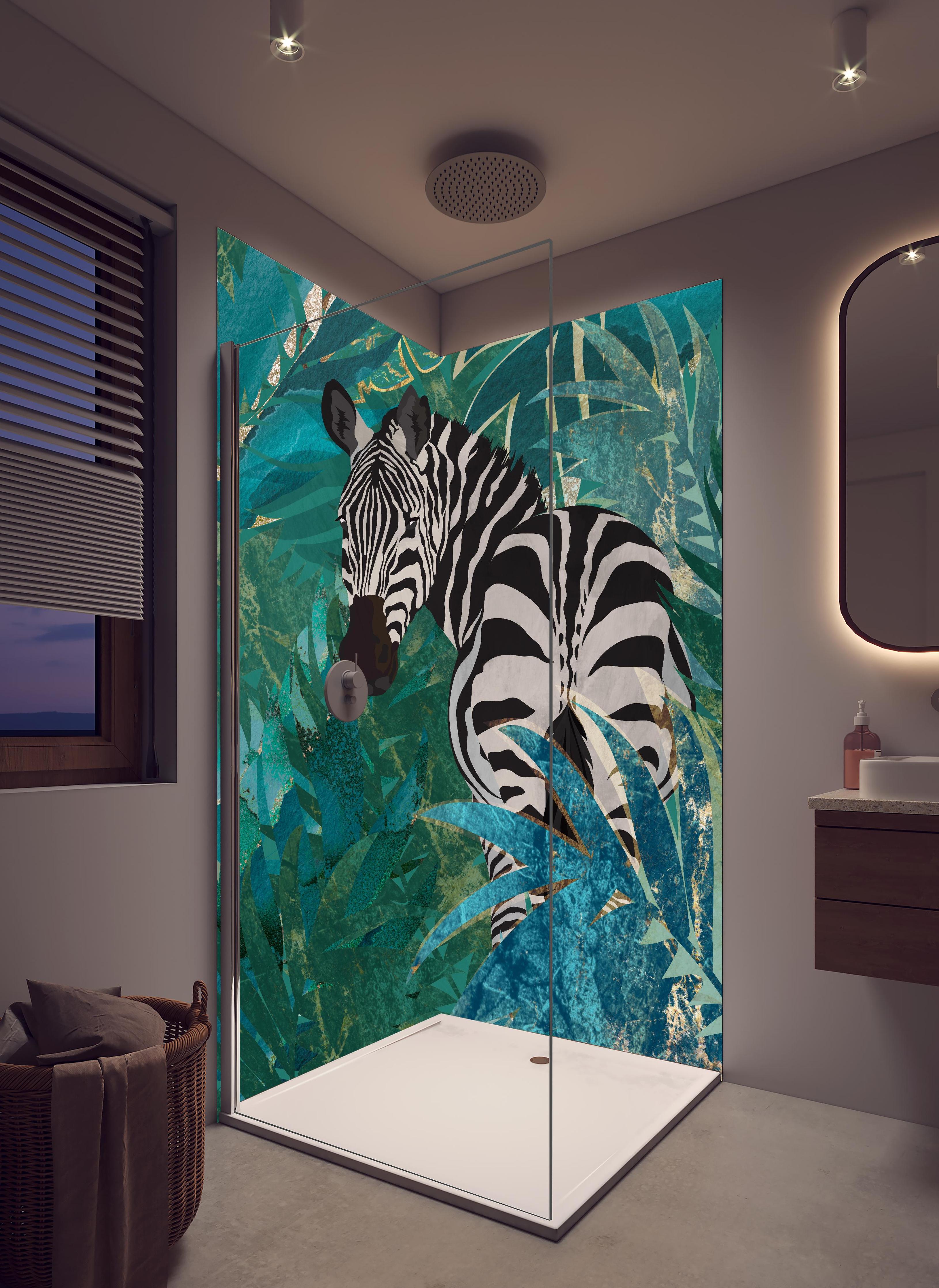 Duschrückwand - Tropische Zeichnung - Zebra in hellem Badezimmer mit Regenduschkopf - zweiteilige Eck-Duschrückwand