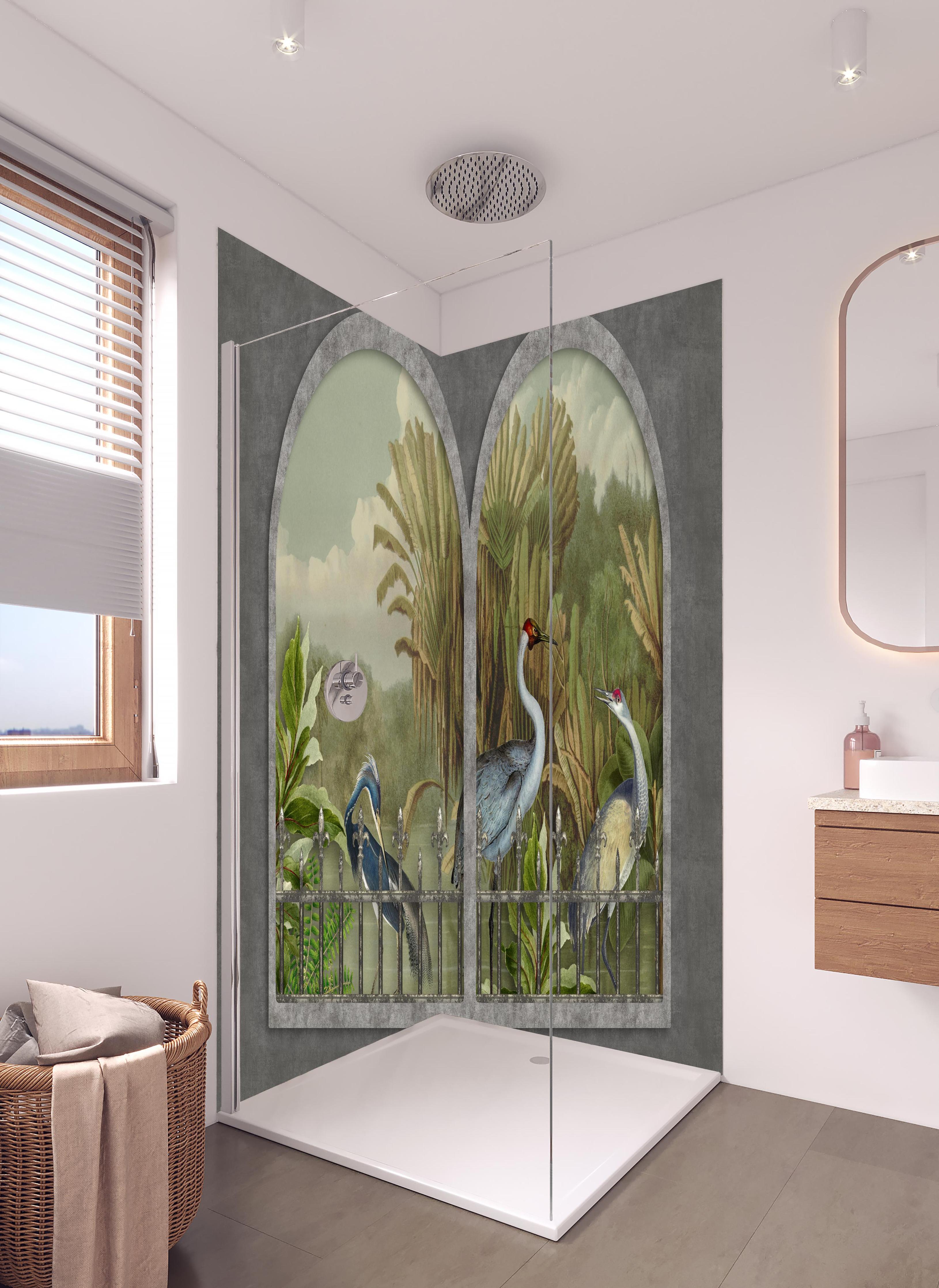 Duschrückwand - Tropischer Dschungel mit Kranichen Motiv in hellem Badezimmer mit Regenduschkopf - zweiteilige Eck-Duschrückwand