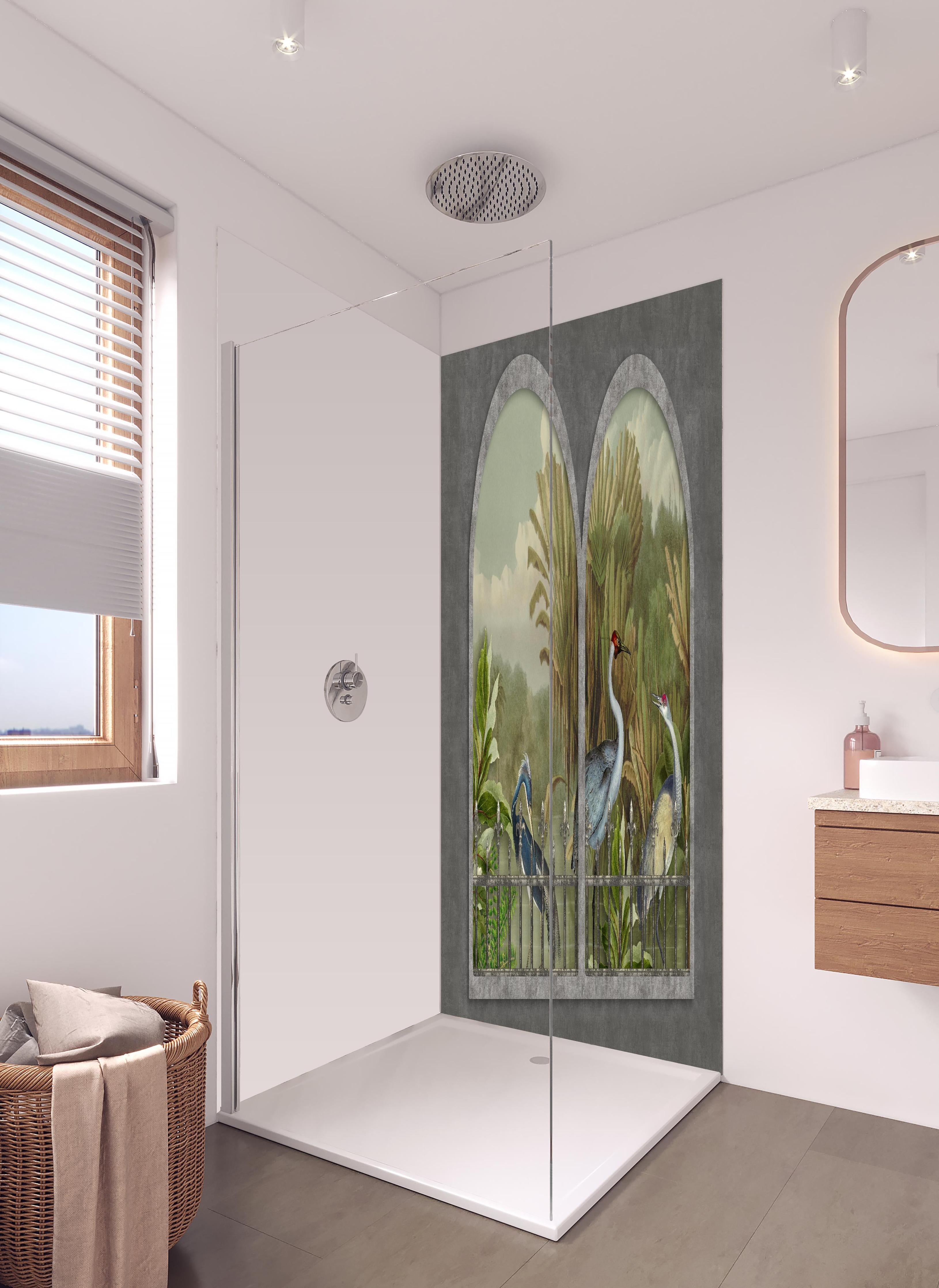 Duschrückwand - Tropischer Dschungel mit Kranichen Motiv in hellem Badezimmer mit Regenduschkopf - zweiteilige Eck-Duschrückwand