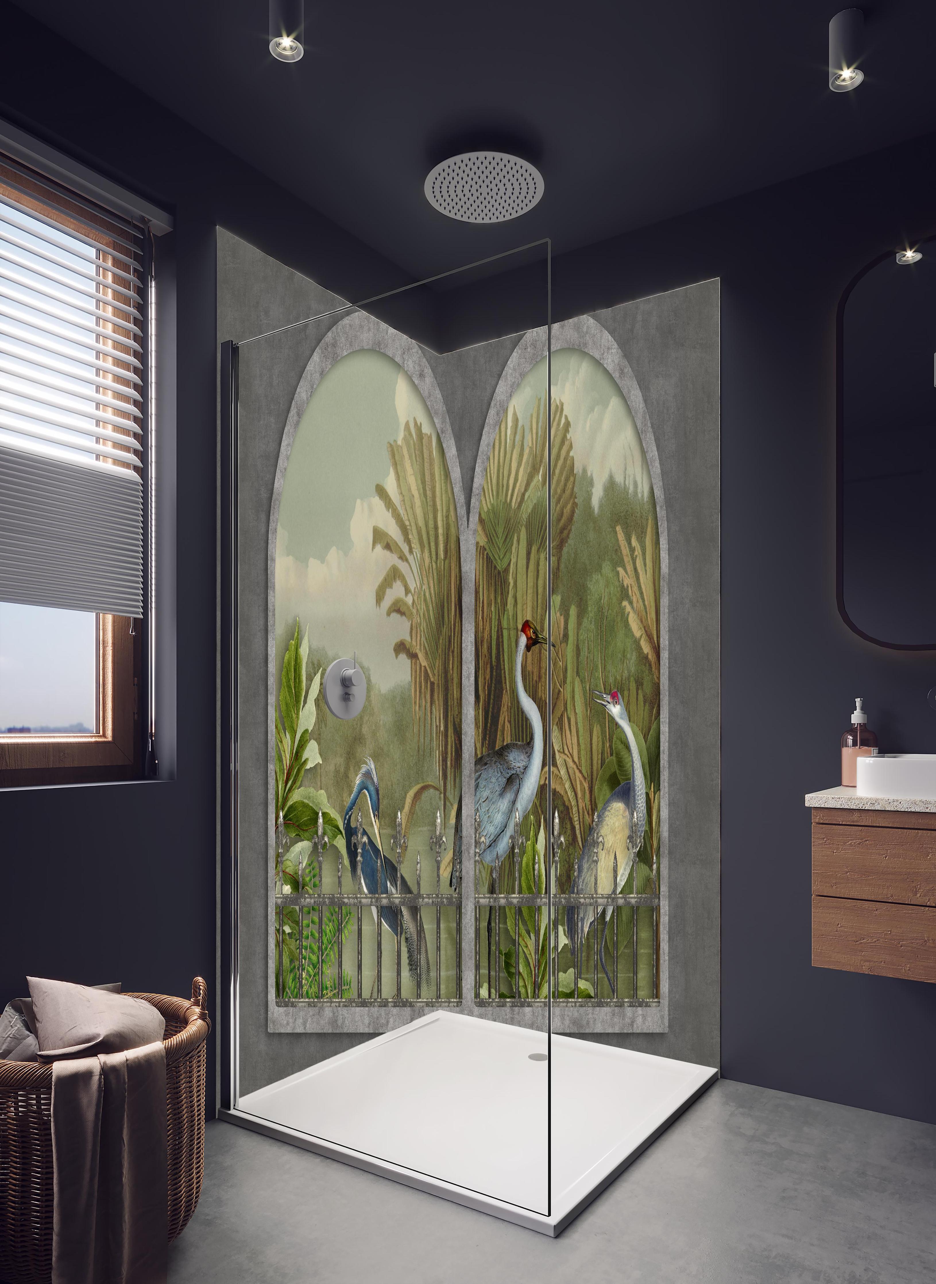 Duschrückwand - Tropischer Dschungel mit Kranichen Motiv in hellem Badezimmer mit Regenduschkopf - zweiteilige Eck-Duschrückwand