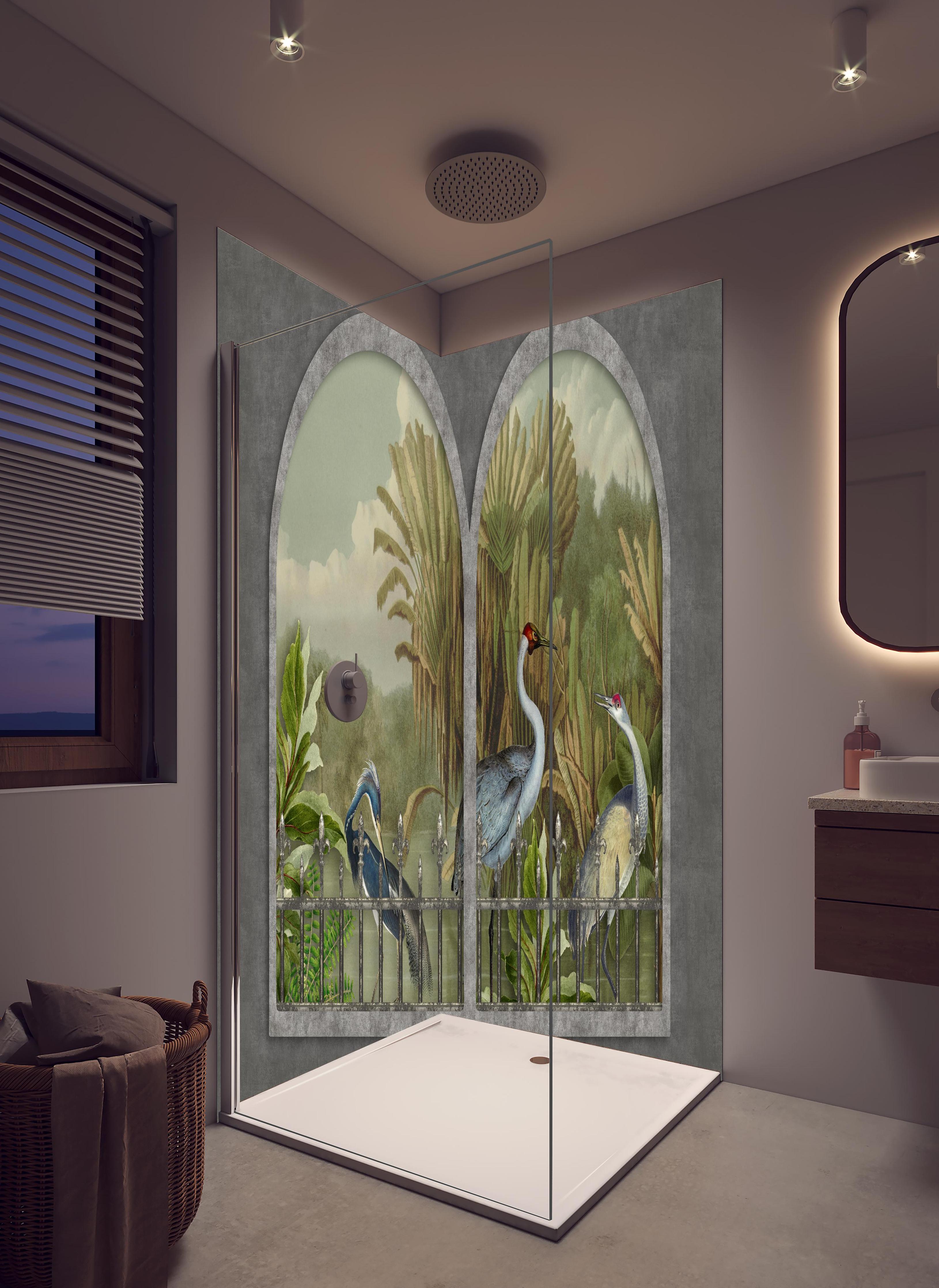 Duschrückwand - Tropischer Dschungel mit Kranichen Motiv in hellem Badezimmer mit Regenduschkopf - zweiteilige Eck-Duschrückwand