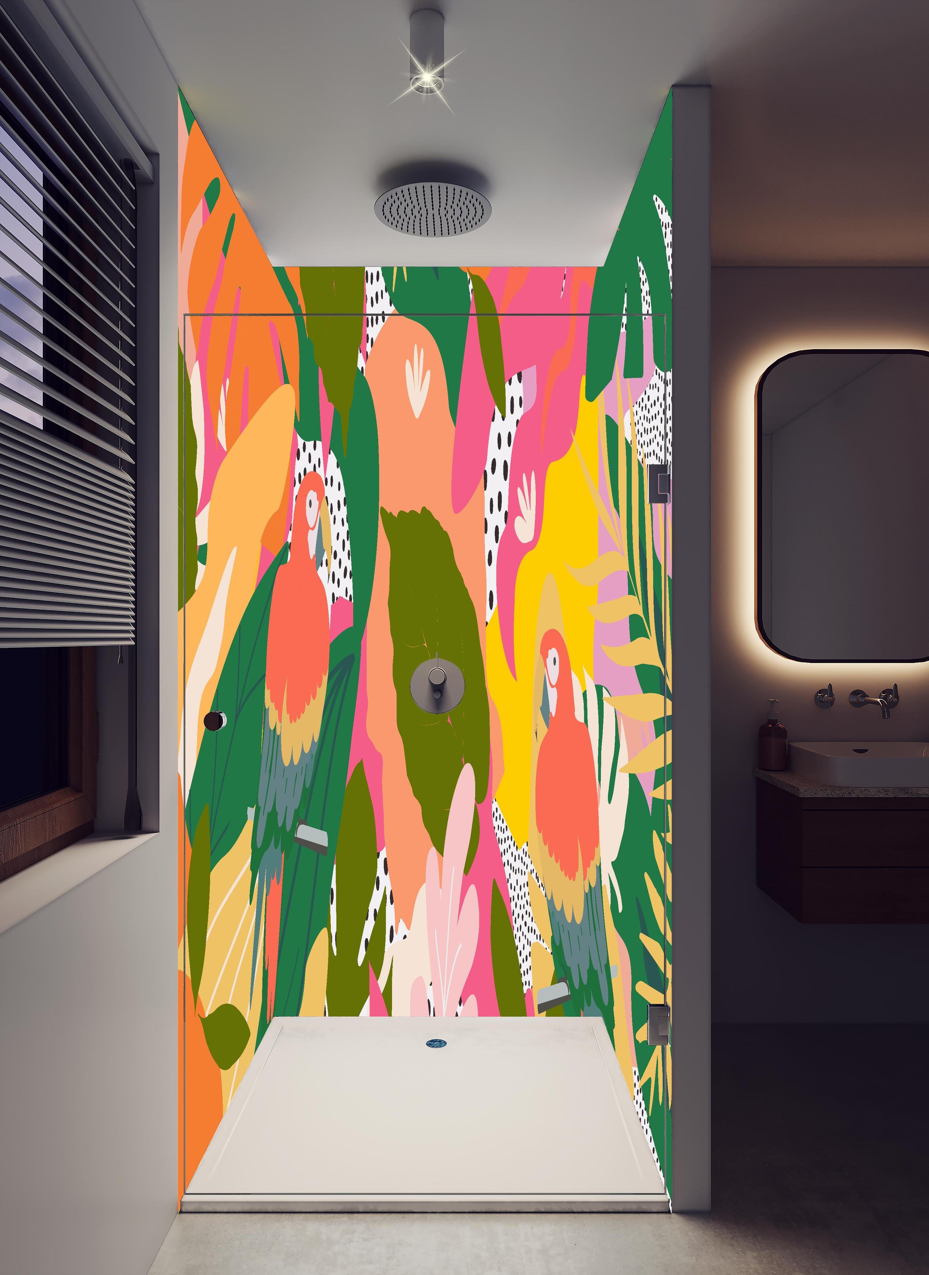 Duschrückwand - Tropischer Dschungel mit bunten Papageien in hellem Badezimmer mit Regenduschkopf - zweiteilige Eck-Duschrückwand