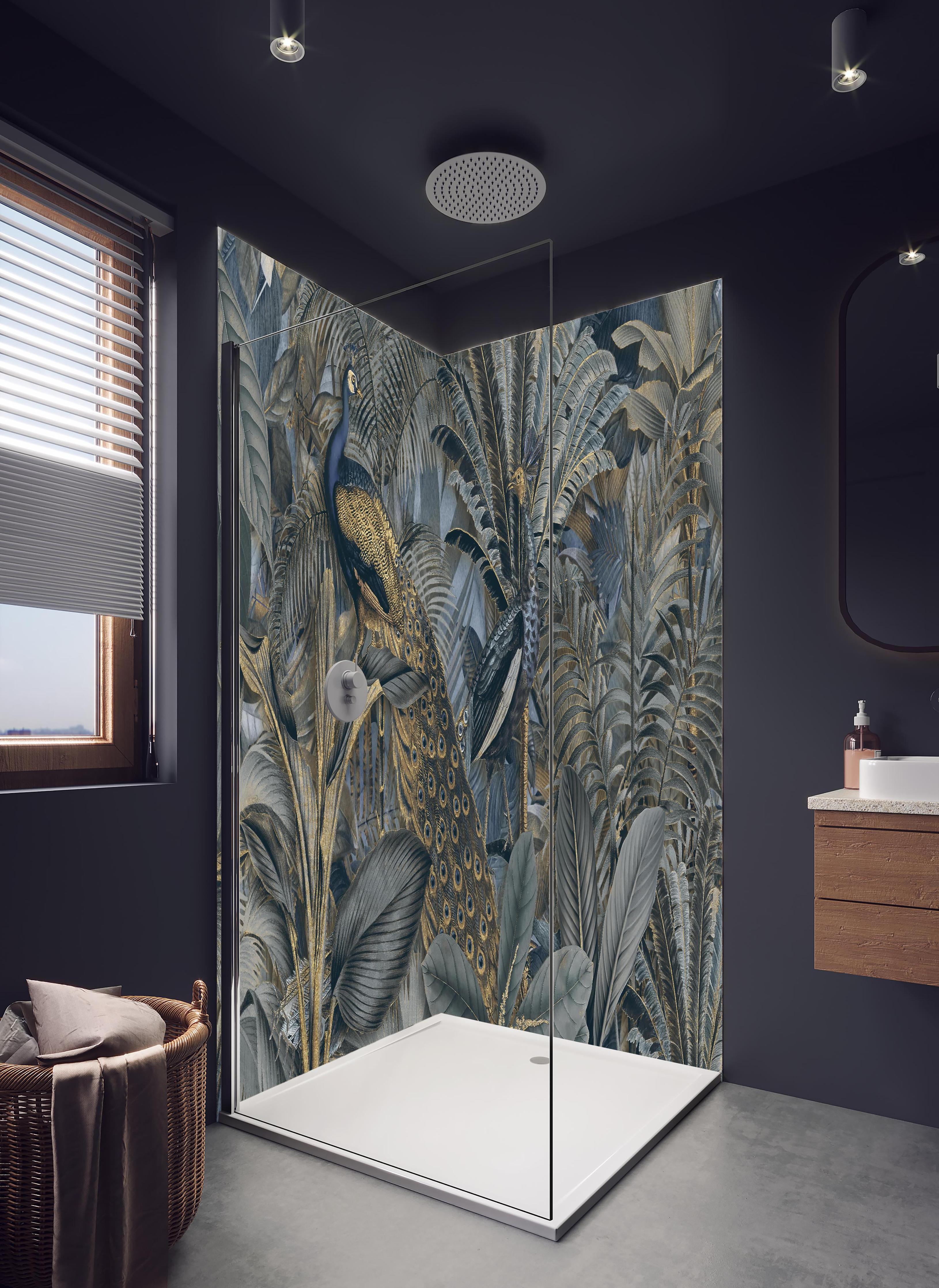 Duschrückwand - Tropischer Garten - Pfau in hellem Badezimmer mit Regenduschkopf - zweiteilige Eck-Duschrückwand