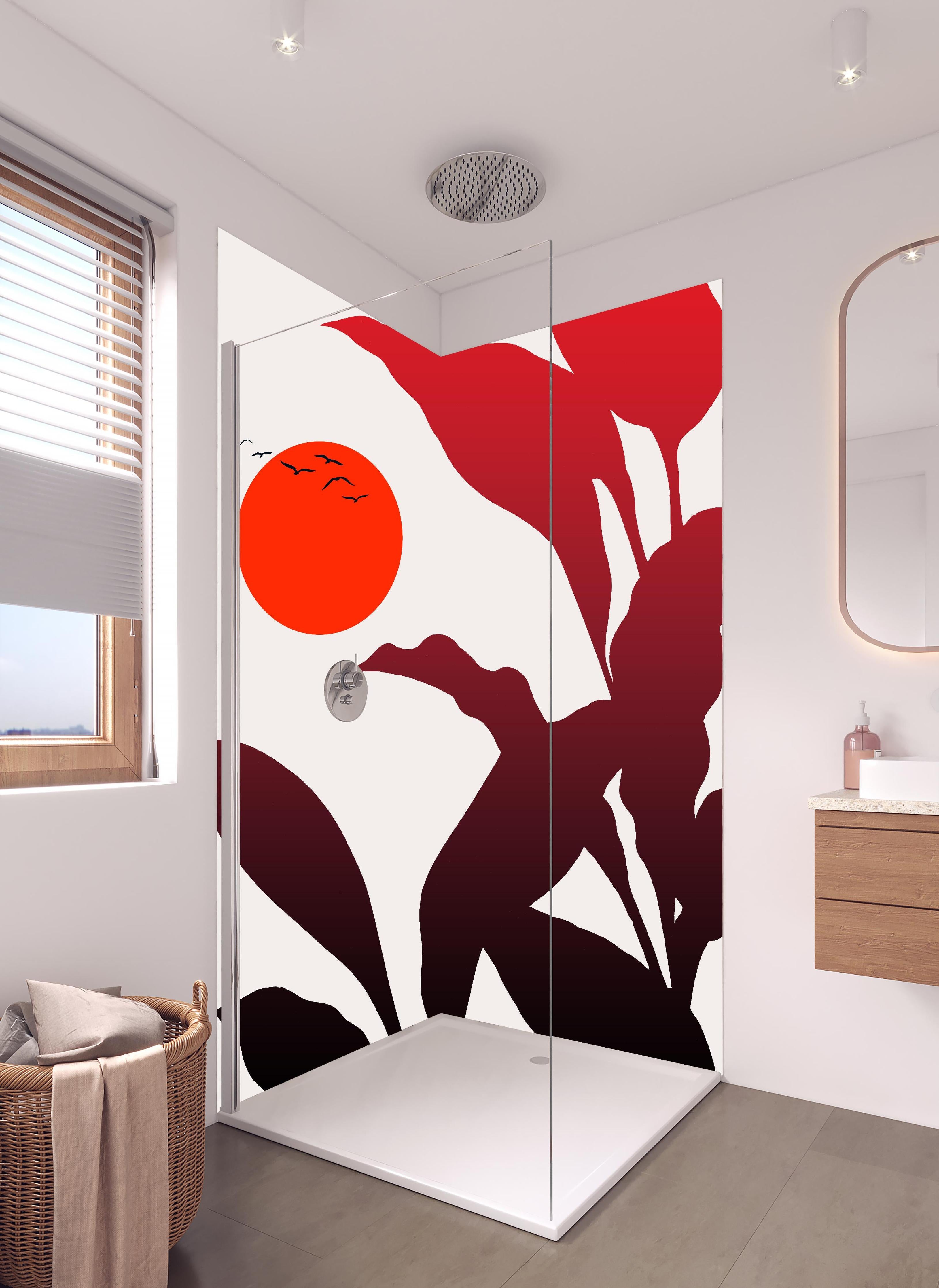 Duschrückwand - Tropischer Sonnenuntergang in hellem Badezimmer mit Regenduschkopf - zweiteilige Eck-Duschrückwand