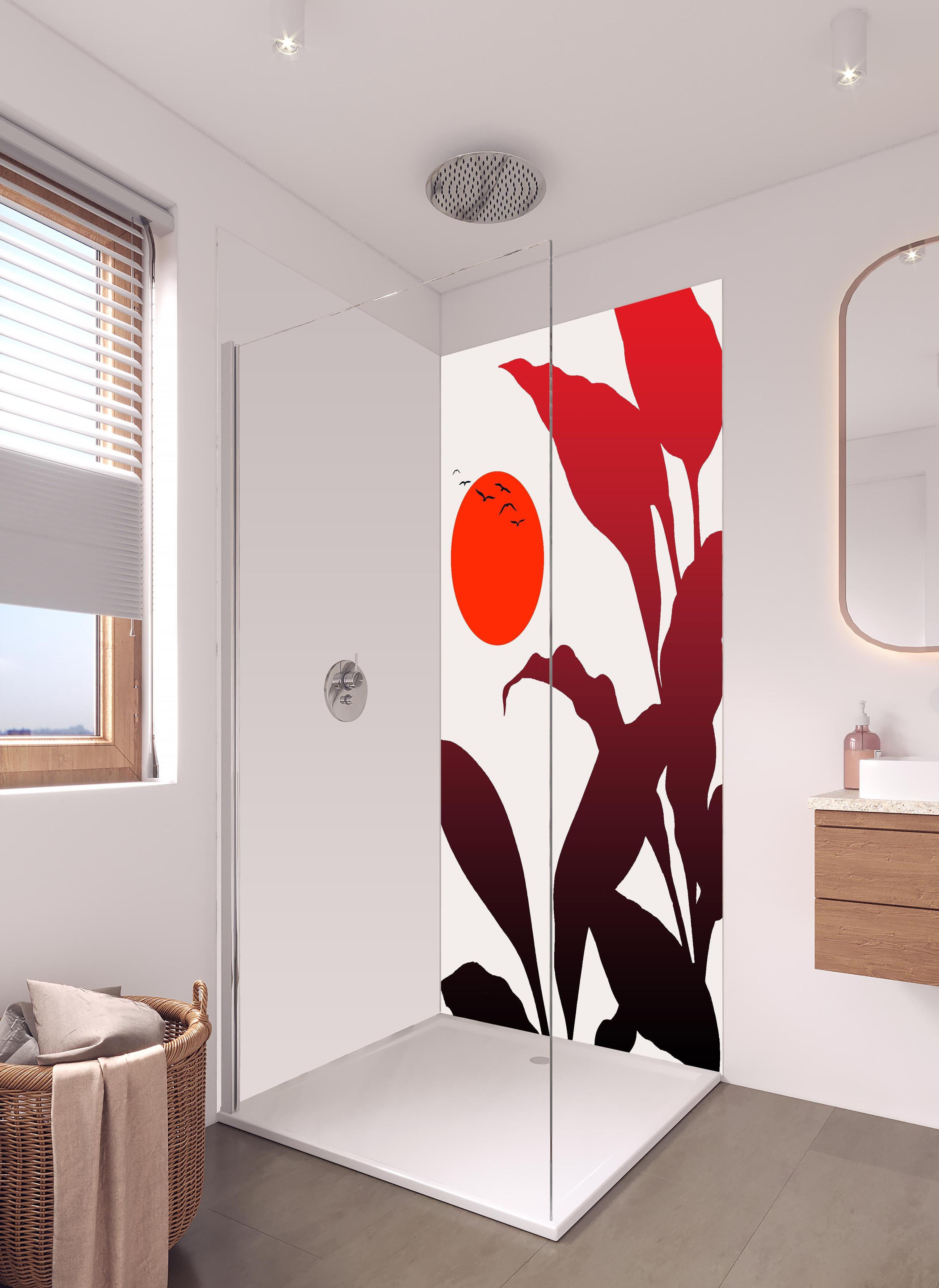 Duschrückwand - Tropischer Sonnenuntergang in hellem Badezimmer mit Regenduschkopf - zweiteilige Eck-Duschrückwand