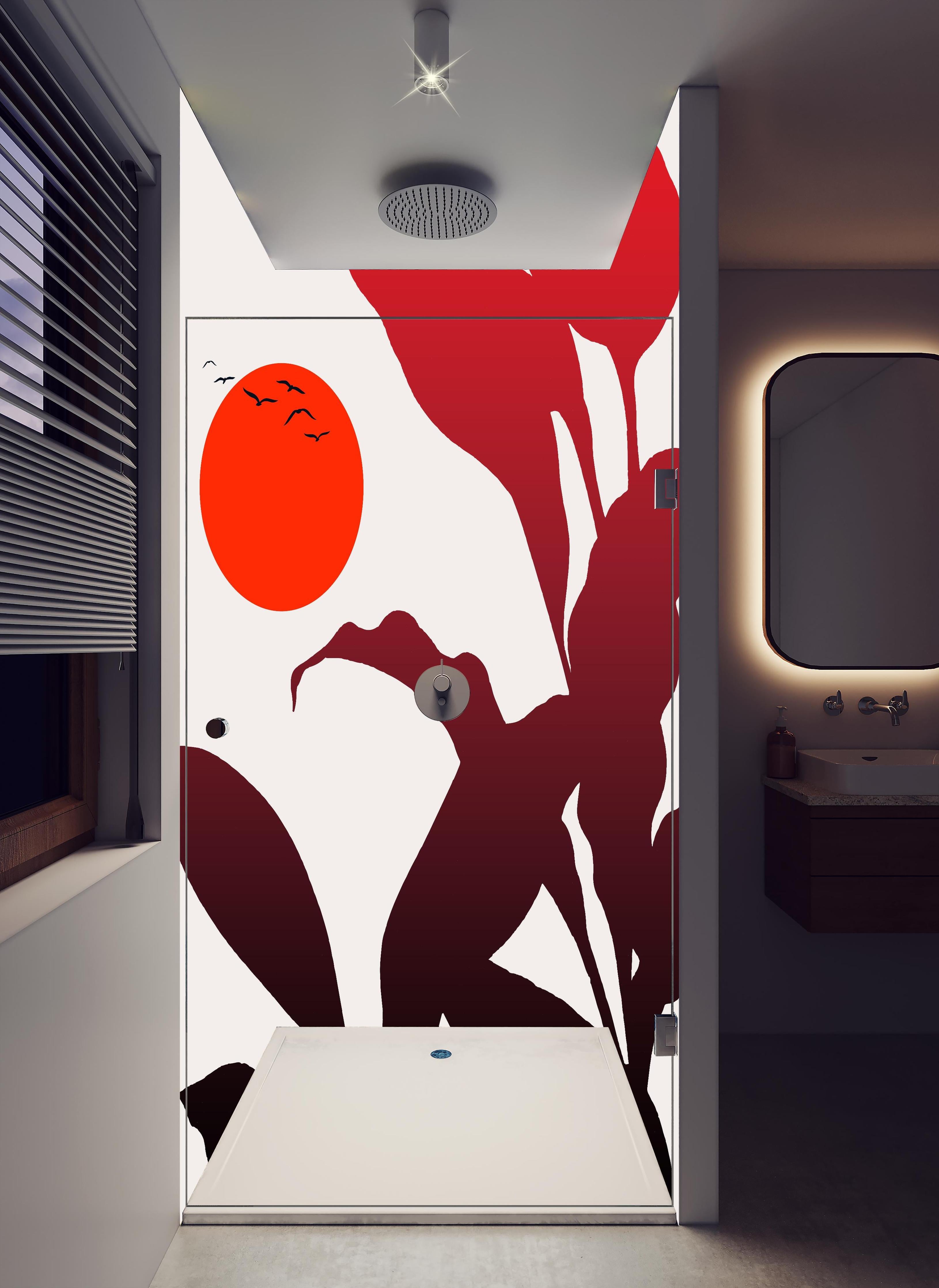 Duschrückwand - Tropischer Sonnenuntergang in hellem Badezimmer mit Regenduschkopf - zweiteilige Eck-Duschrückwand