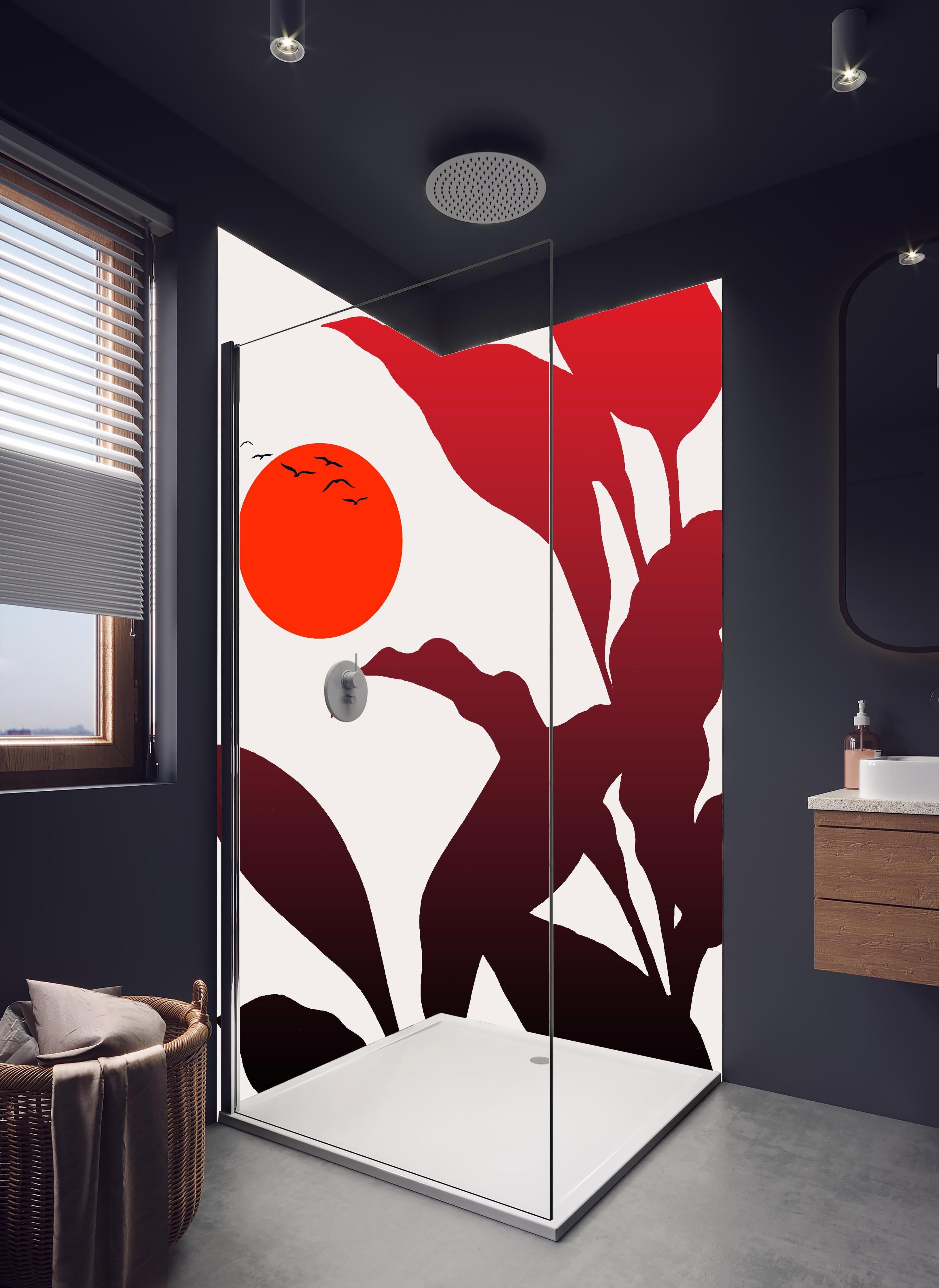 Duschrückwand - Tropischer Sonnenuntergang in hellem Badezimmer mit Regenduschkopf - zweiteilige Eck-Duschrückwand
