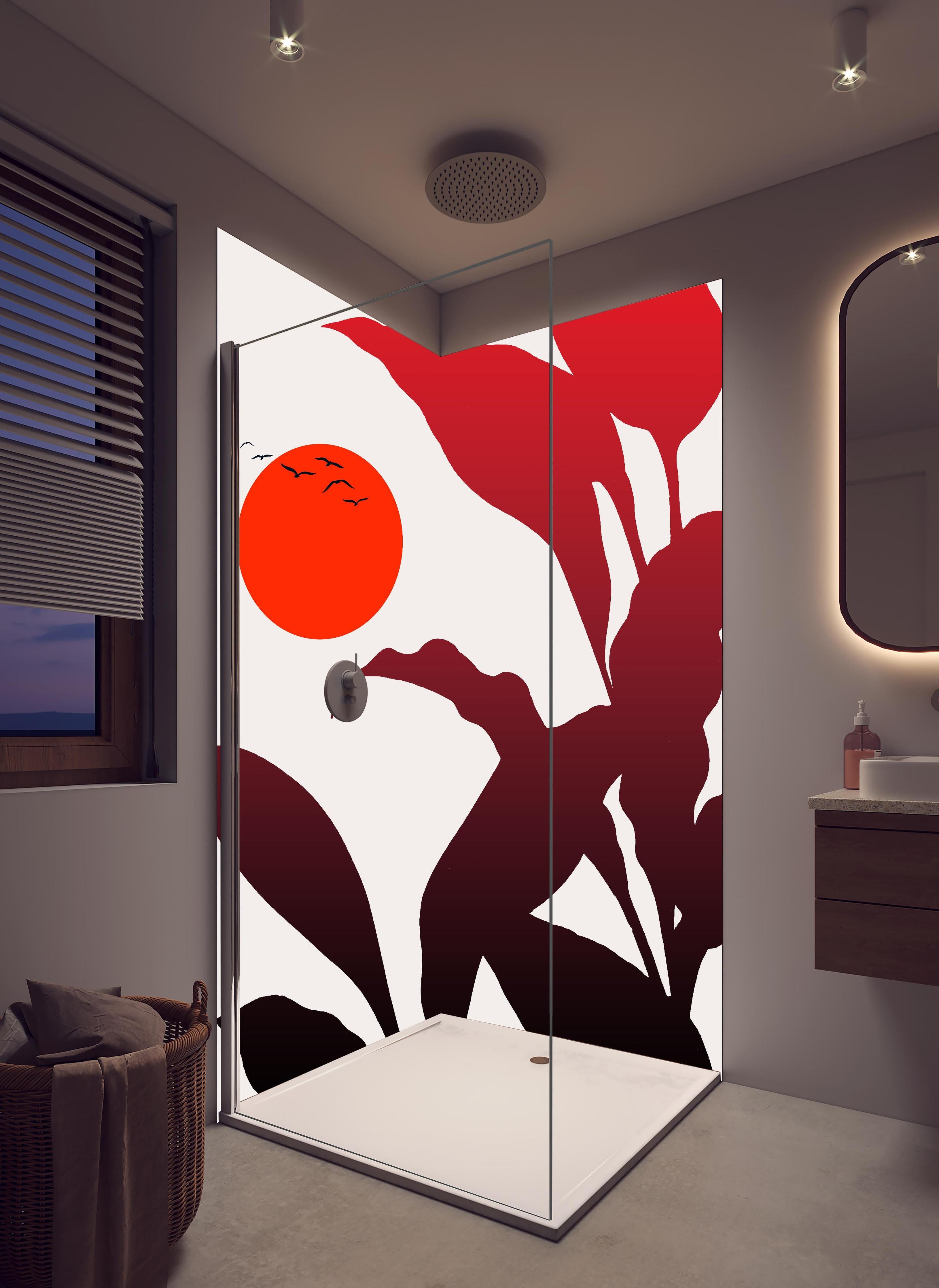 Duschrückwand - Tropischer Sonnenuntergang in hellem Badezimmer mit Regenduschkopf - zweiteilige Eck-Duschrückwand