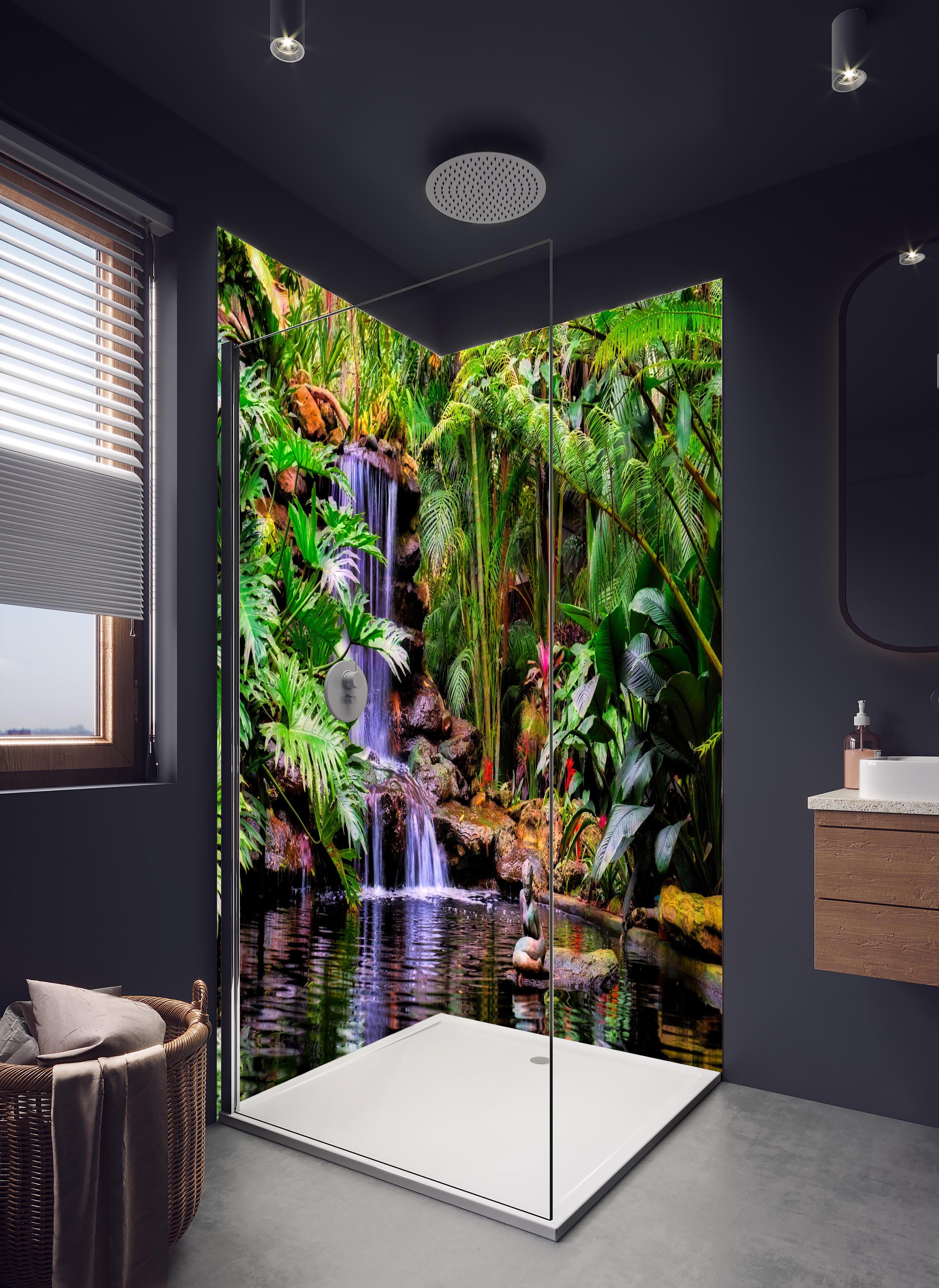 Duschrückwand - Tropischer Wasserfall in hellem Badezimmer mit Regenduschkopf - zweiteilige Eck-Duschrückwand