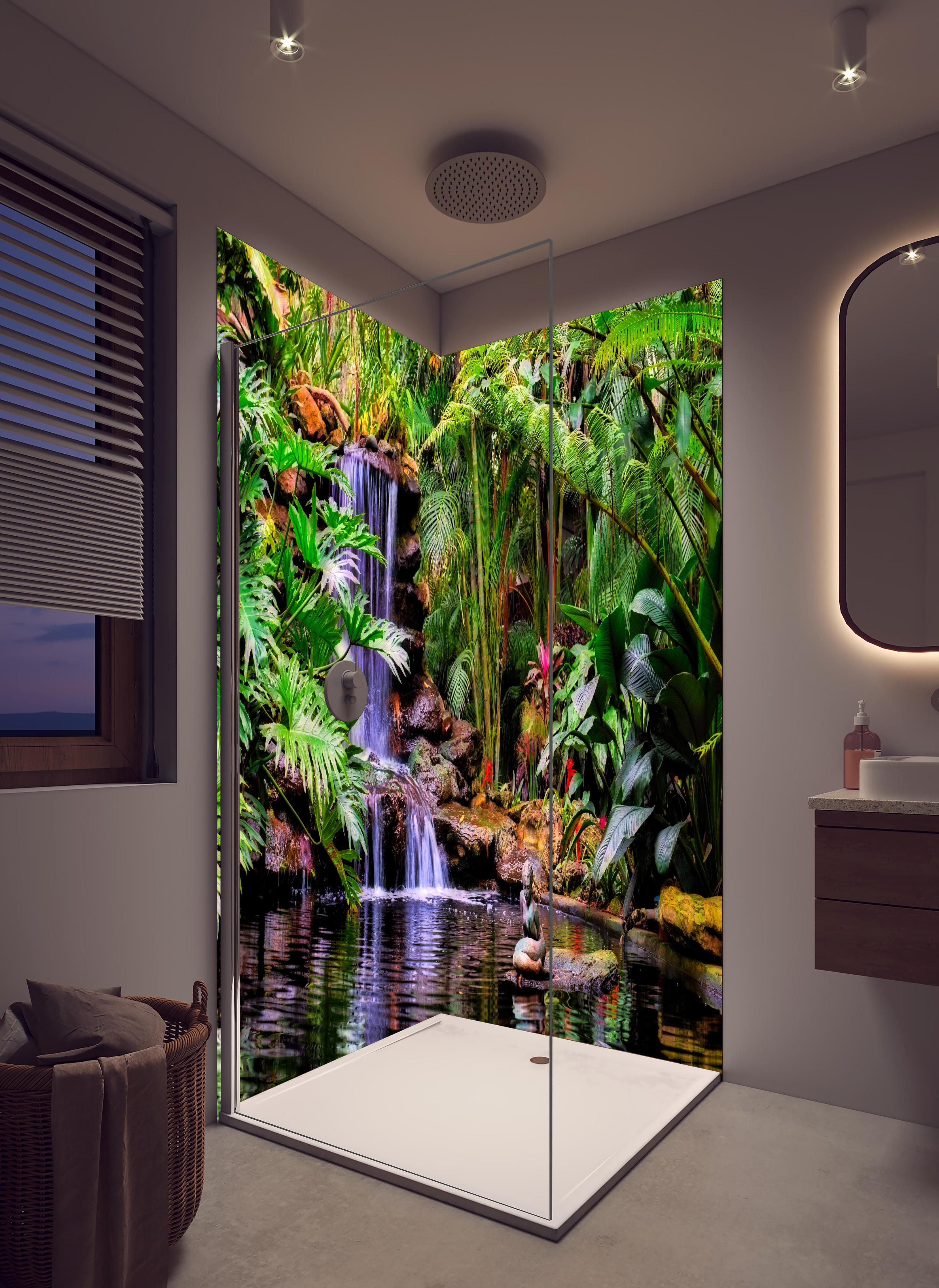 Duschrückwand - Tropischer Wasserfall in hellem Badezimmer mit Regenduschkopf - zweiteilige Eck-Duschrückwand