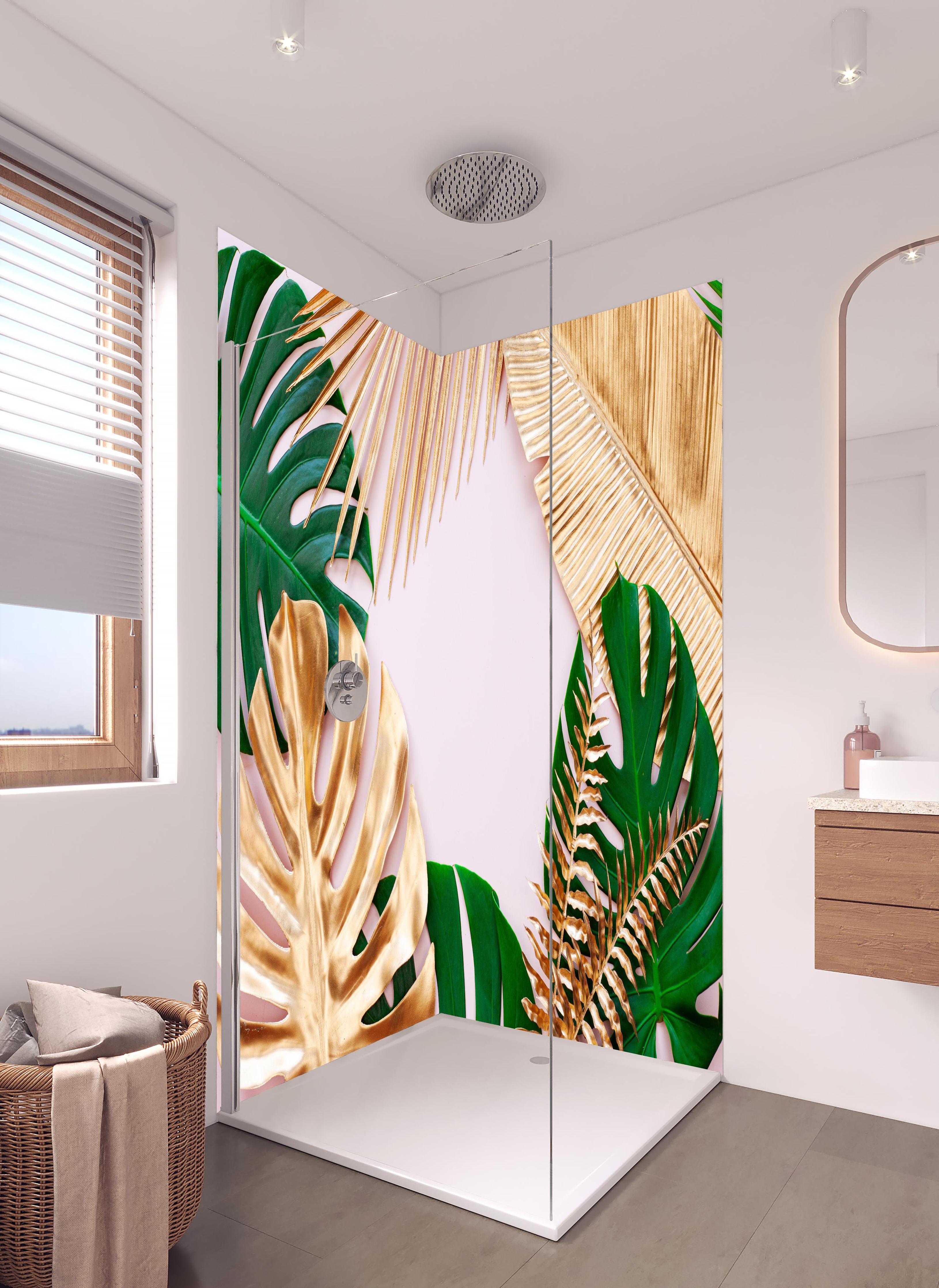 Duschrückwand - Tropisches Blätter Design - Floral in hellem Badezimmer mit Regenduschkopf - zweiteilige Eck-Duschrückwand