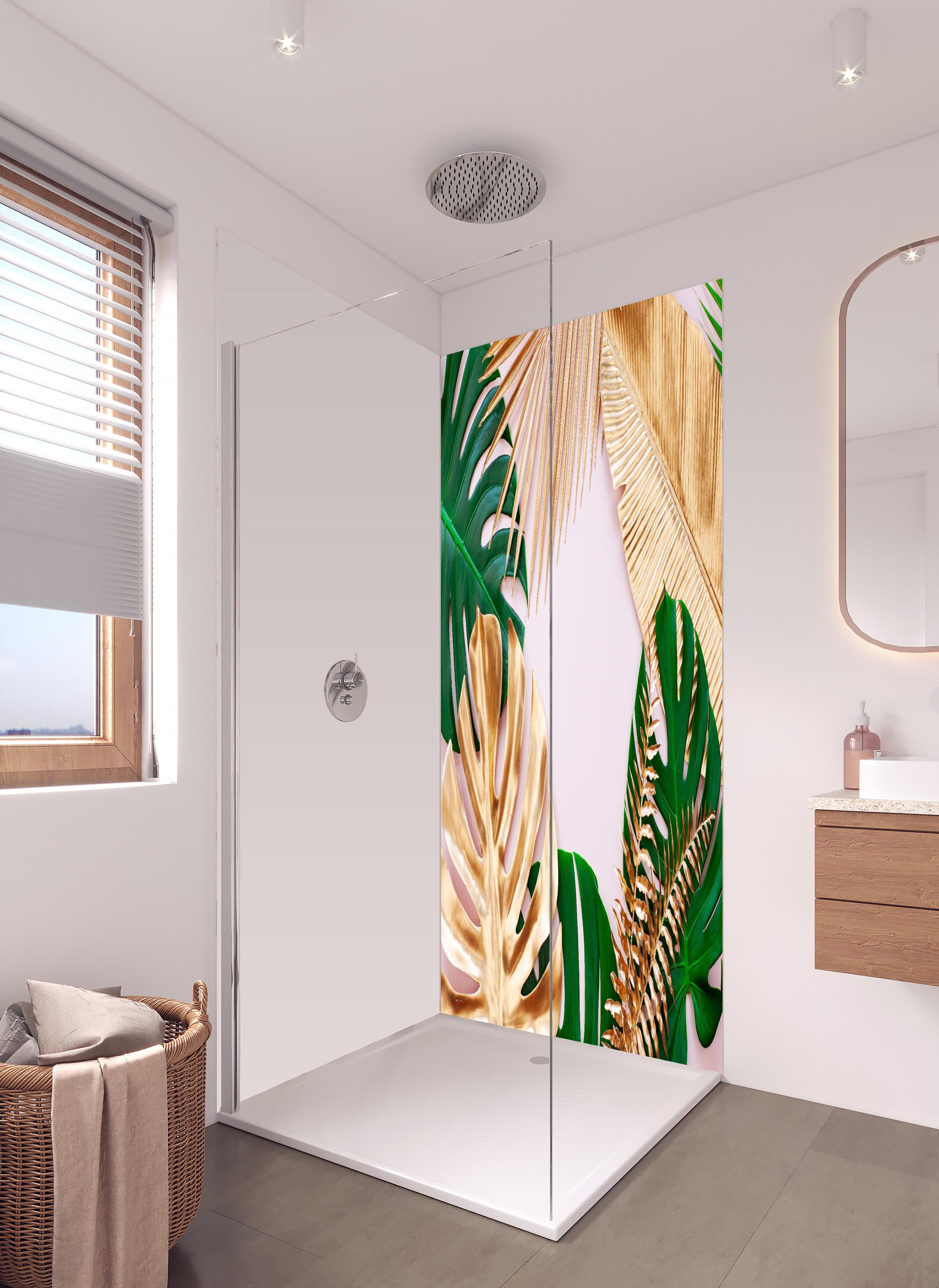 Duschrückwand - Tropisches Blätter Design - Floral in hellem Badezimmer mit Regenduschkopf - zweiteilige Eck-Duschrückwand