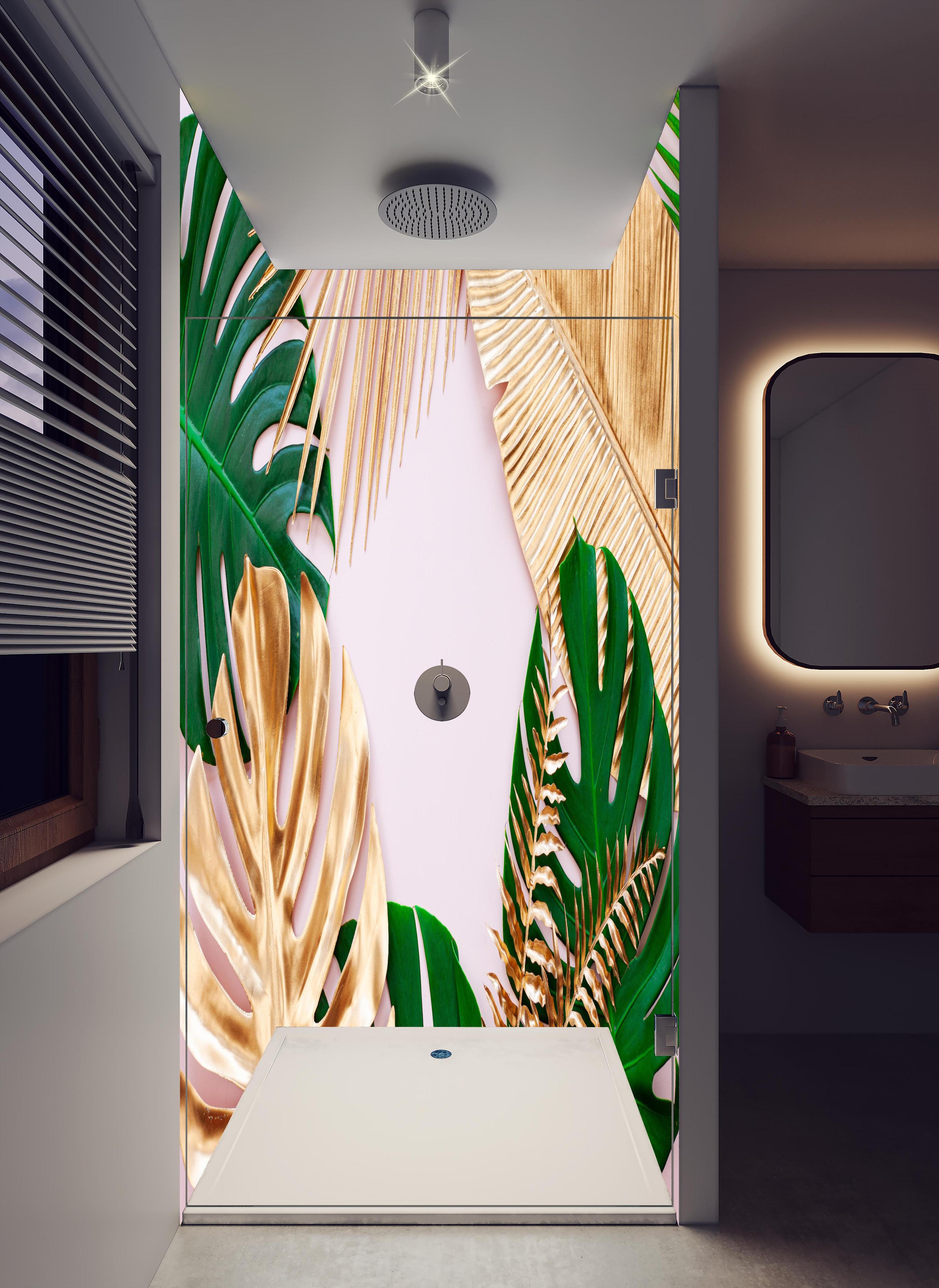 Duschrückwand - Tropisches Blätter Design - Floral in hellem Badezimmer mit Regenduschkopf - zweiteilige Eck-Duschrückwand