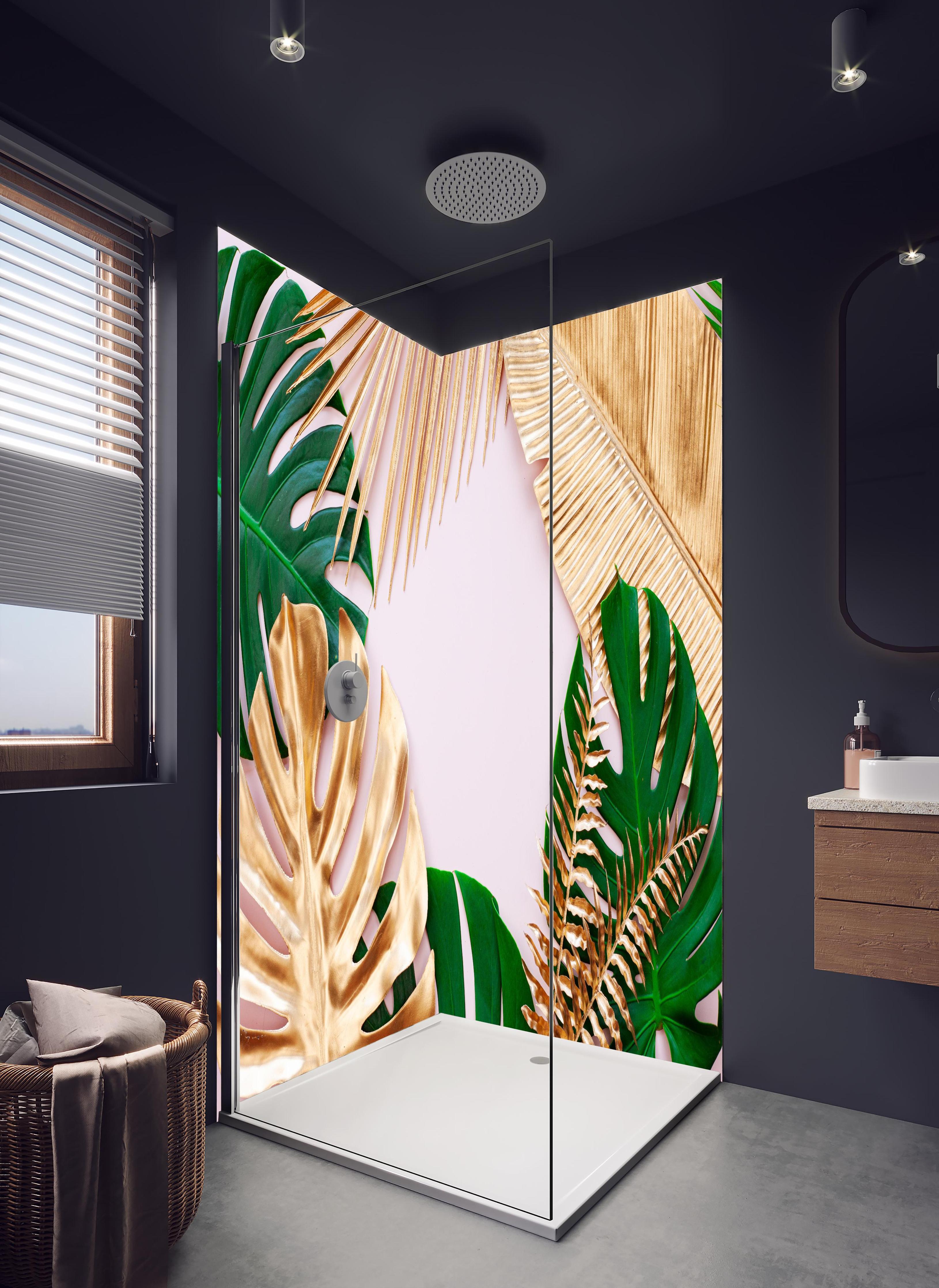 Duschrückwand - Tropisches Blätter Design - Floral in hellem Badezimmer mit Regenduschkopf - zweiteilige Eck-Duschrückwand