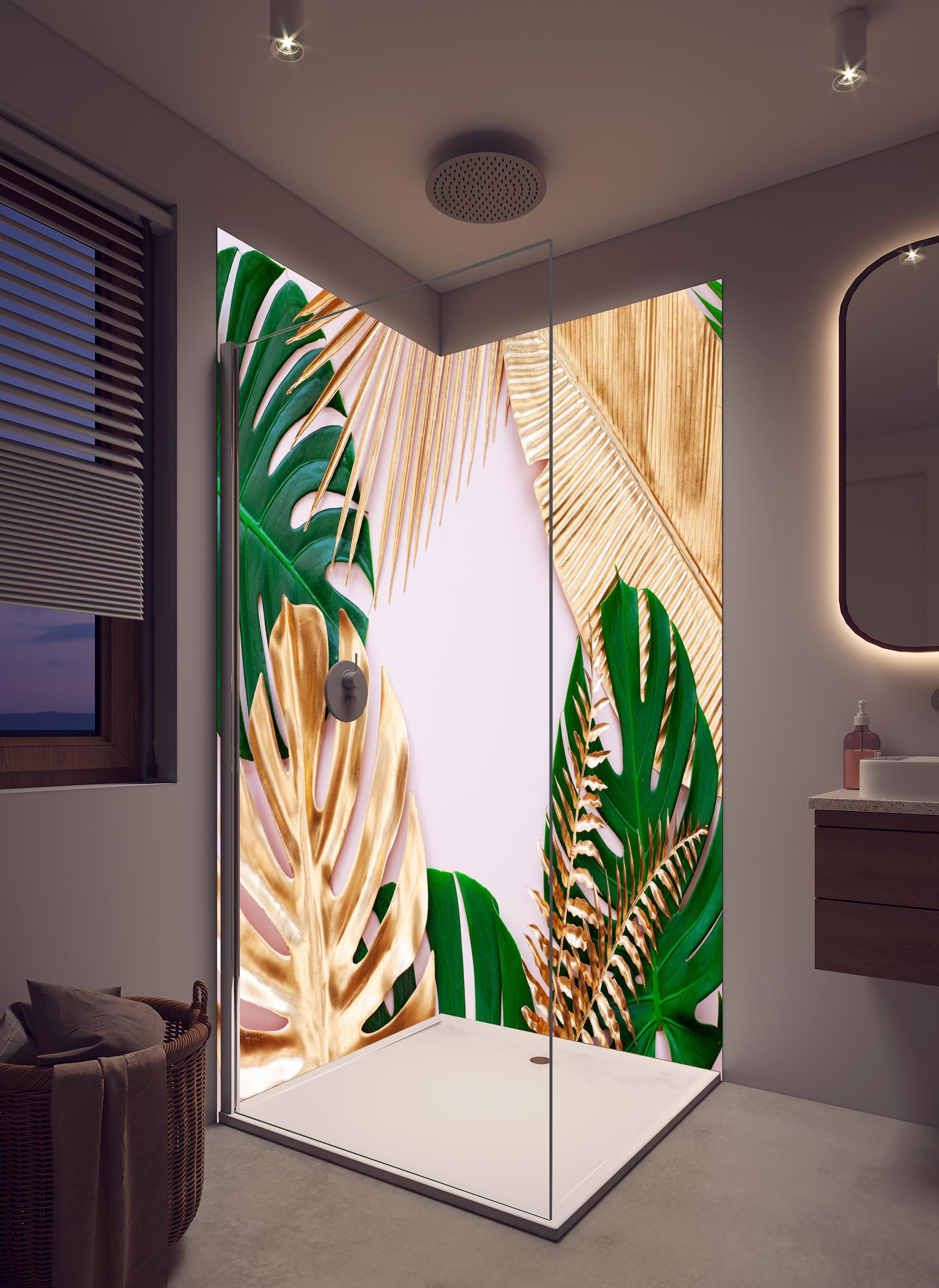 Duschrückwand - Tropisches Blätter Design - Floral in hellem Badezimmer mit Regenduschkopf - zweiteilige Eck-Duschrückwand