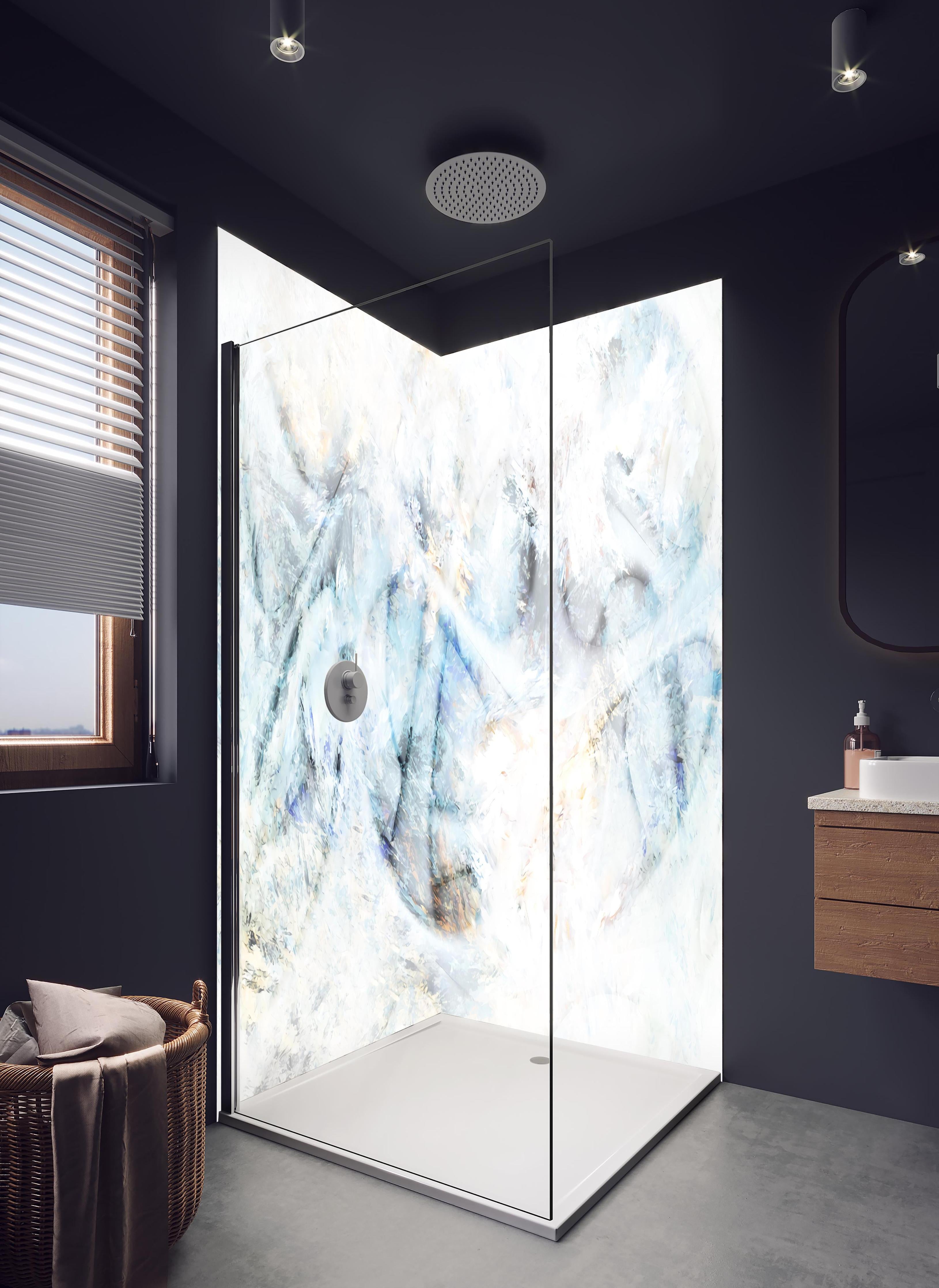 Duschrückwand - Türkise Textur - Pastell in hellem Badezimmer mit Regenduschkopf - zweiteilige Eck-Duschrückwand