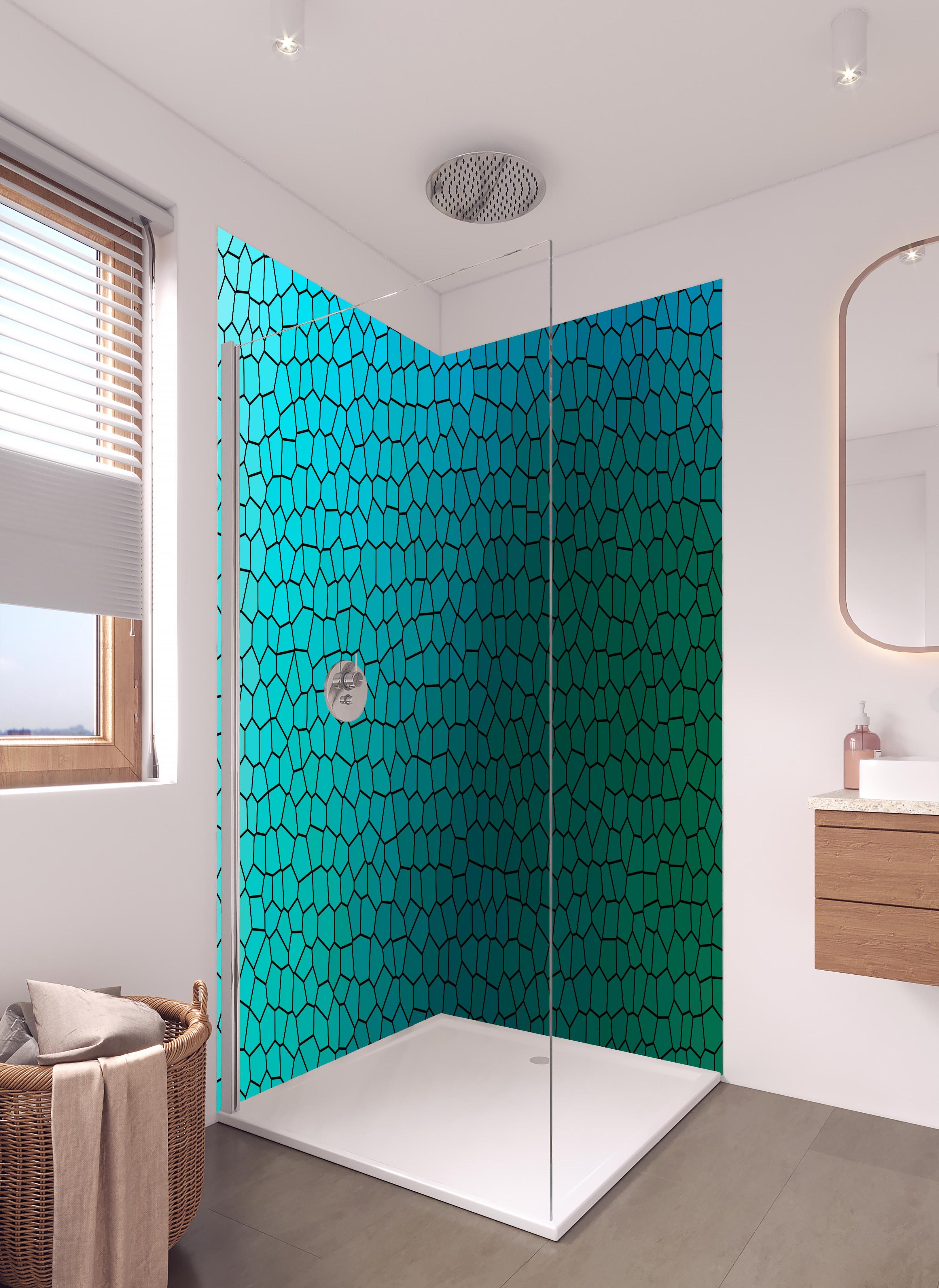Duschrückwand - Türkises Fliesenmuster - Mosaik in hellem Badezimmer mit Regenduschkopf - zweiteilige Eck-Duschrückwand