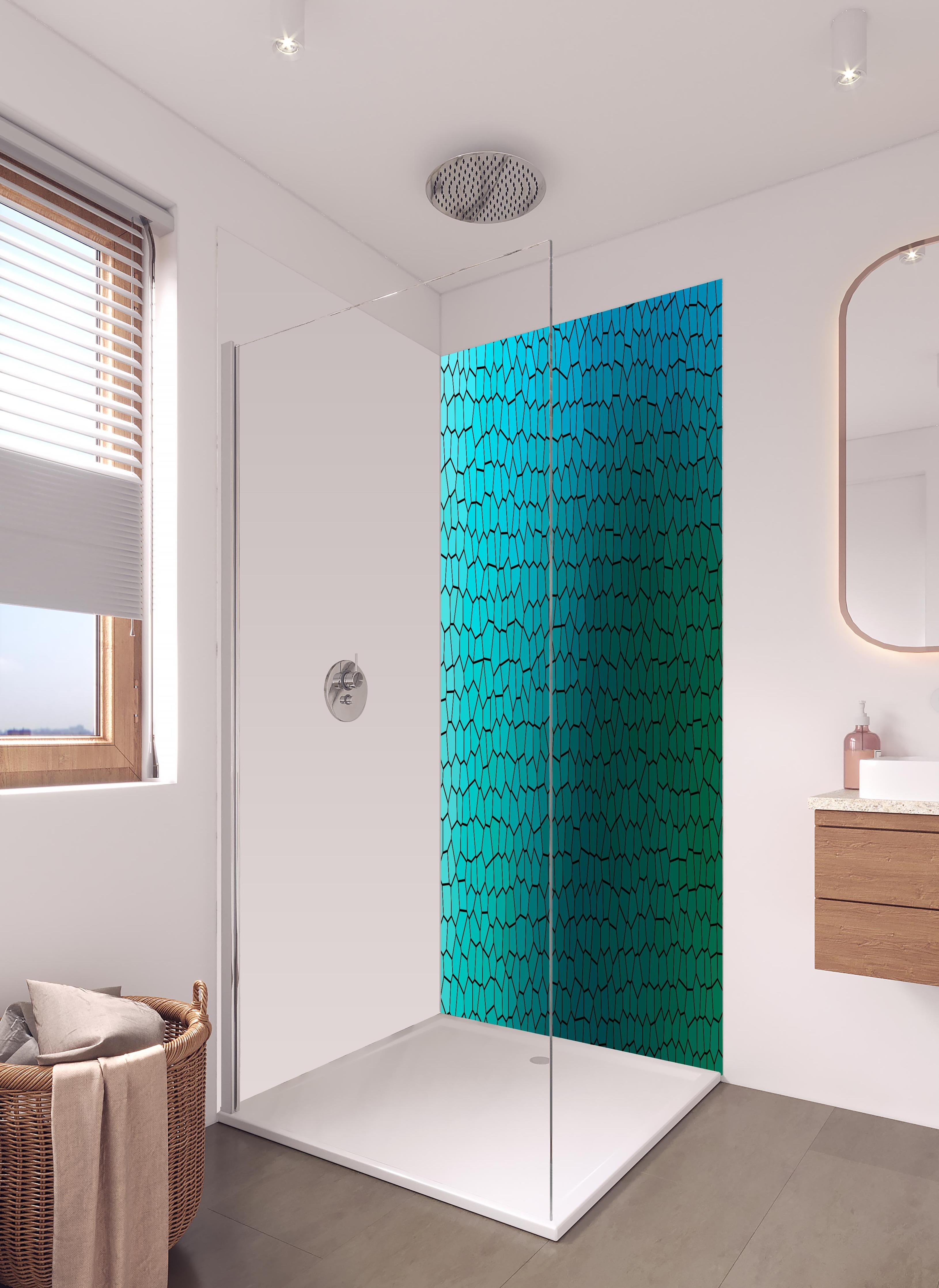 Duschrückwand - Türkises Fliesenmuster - Mosaik in hellem Badezimmer mit Regenduschkopf - zweiteilige Eck-Duschrückwand