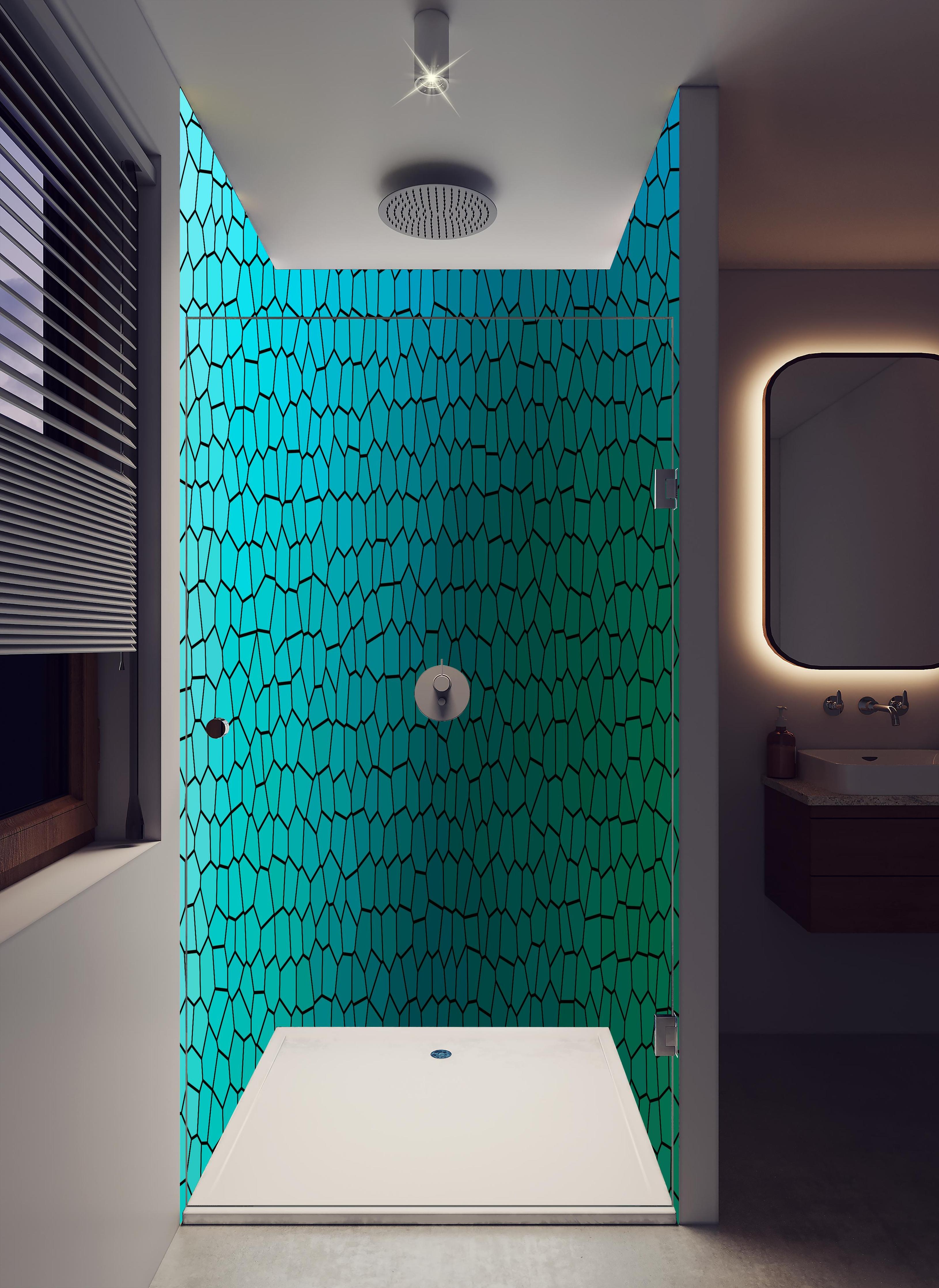 Duschrückwand - Türkises Fliesenmuster - Mosaik in hellem Badezimmer mit Regenduschkopf - zweiteilige Eck-Duschrückwand