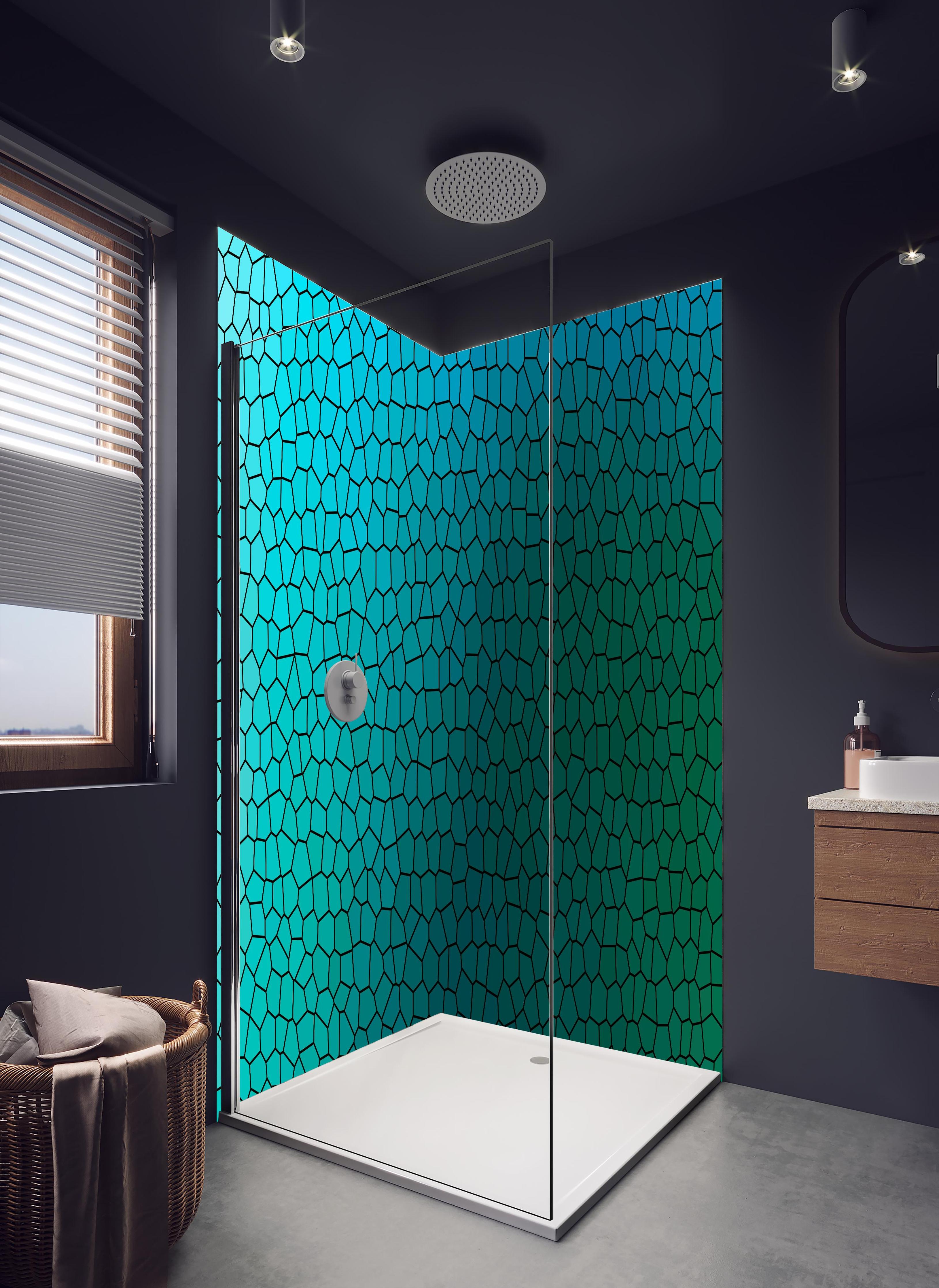 Duschrückwand - Türkises Fliesenmuster - Mosaik in hellem Badezimmer mit Regenduschkopf - zweiteilige Eck-Duschrückwand