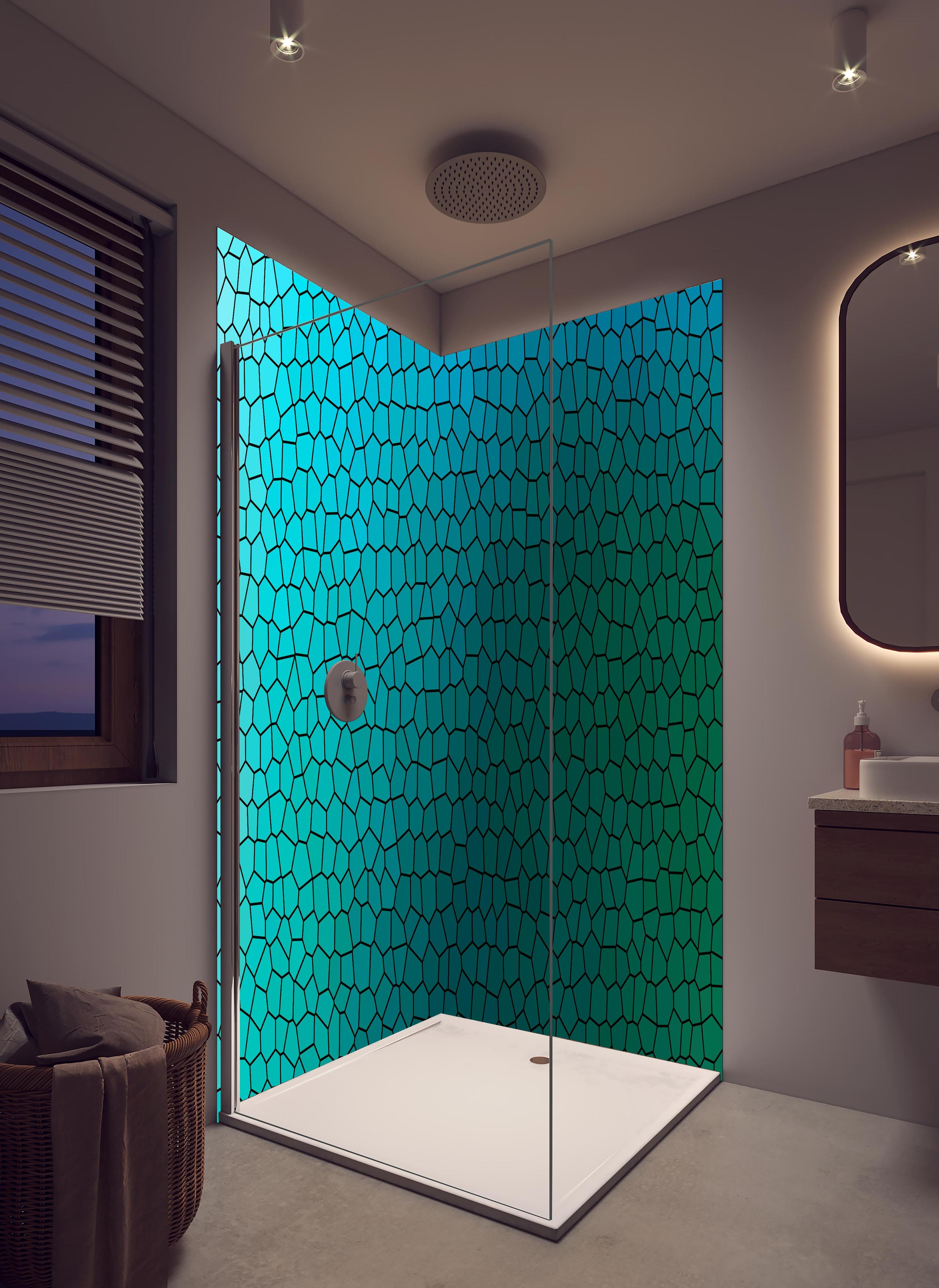 Duschrückwand - Türkises Fliesenmuster - Mosaik in hellem Badezimmer mit Regenduschkopf - zweiteilige Eck-Duschrückwand