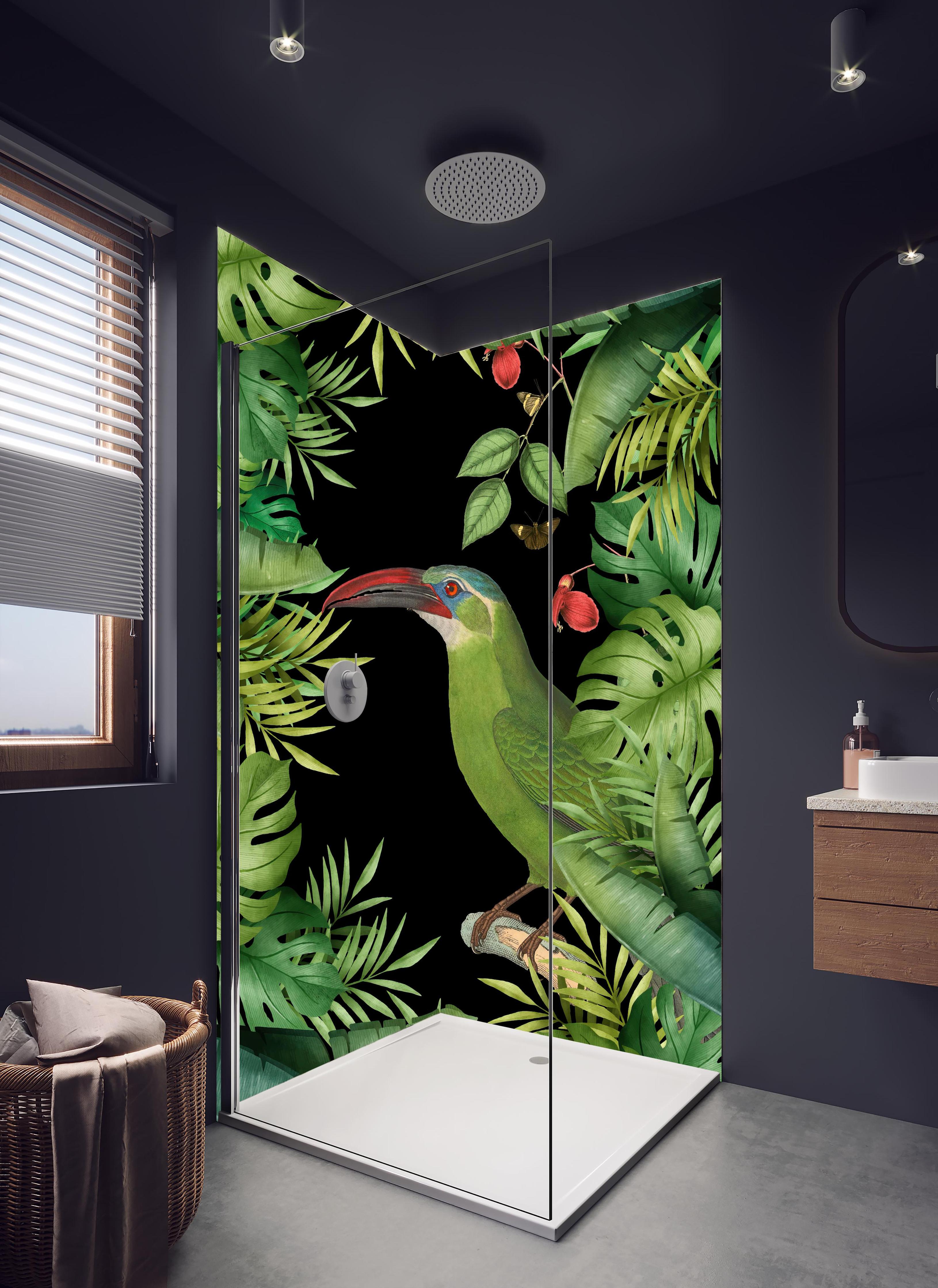 Duschrückwand - Tukan Malerei - Tropische Blätter in hellem Badezimmer mit Regenduschkopf - zweiteilige Eck-Duschrückwand