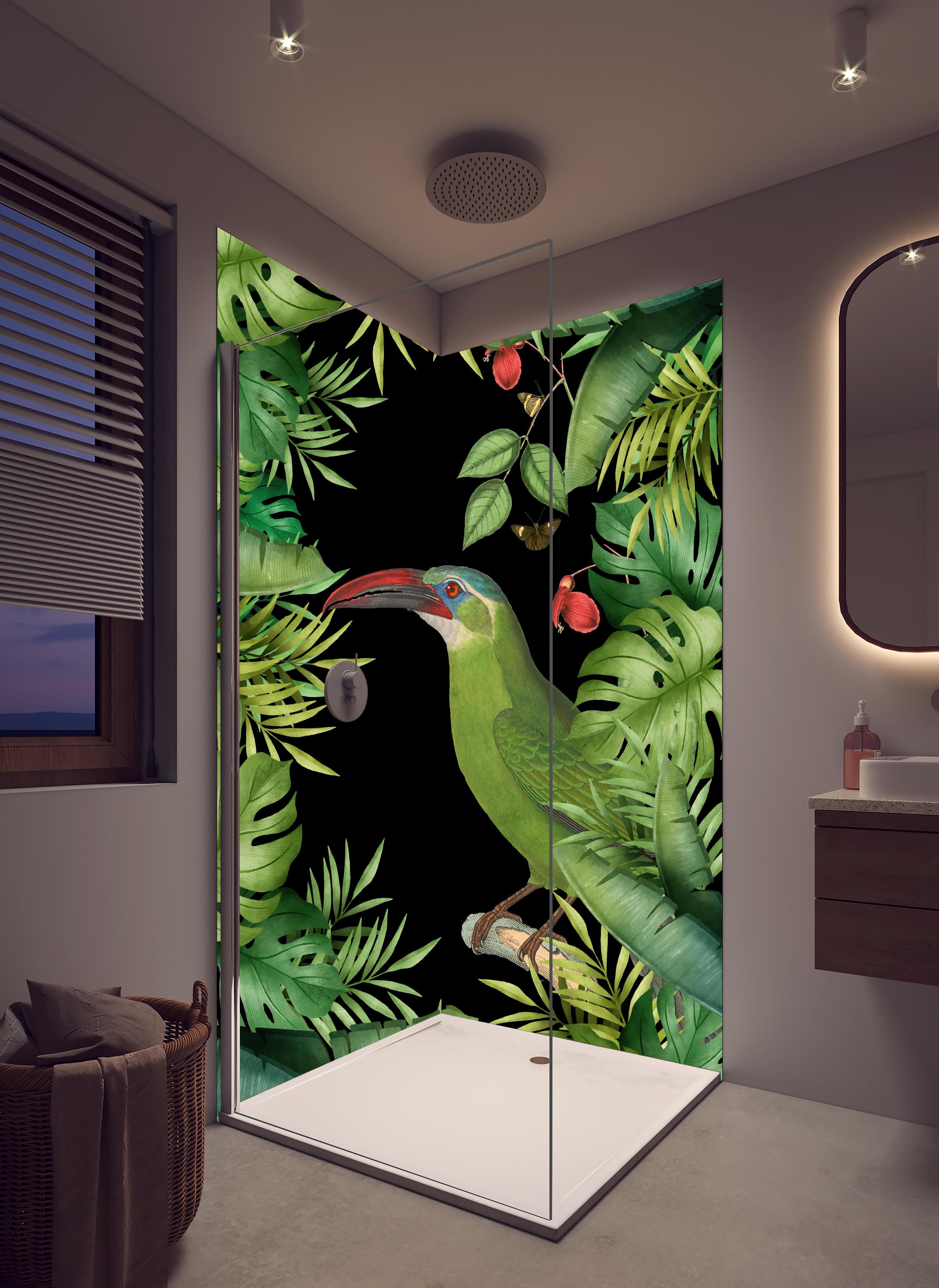 Duschrückwand - Tukan Malerei - Tropische Blätter in hellem Badezimmer mit Regenduschkopf - zweiteilige Eck-Duschrückwand