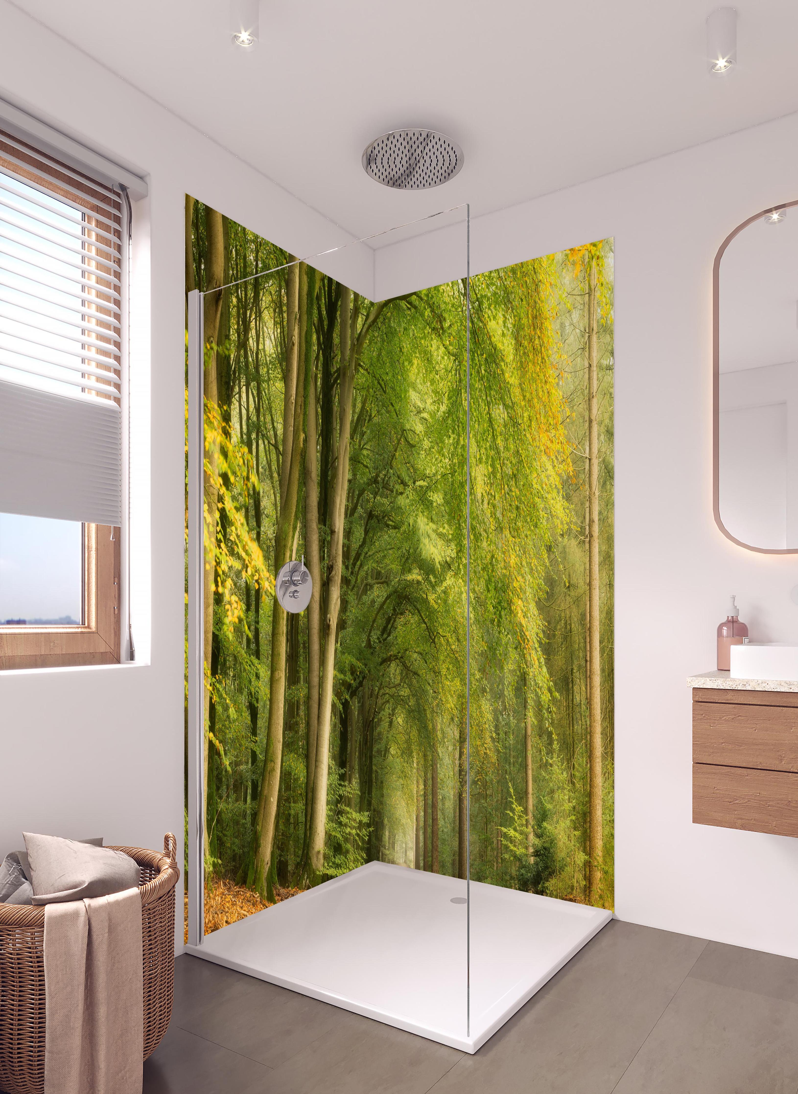 Duschrückwand - Tunnel Vision in hellem Badezimmer mit Regenduschkopf - zweiteilige Eck-Duschrückwand