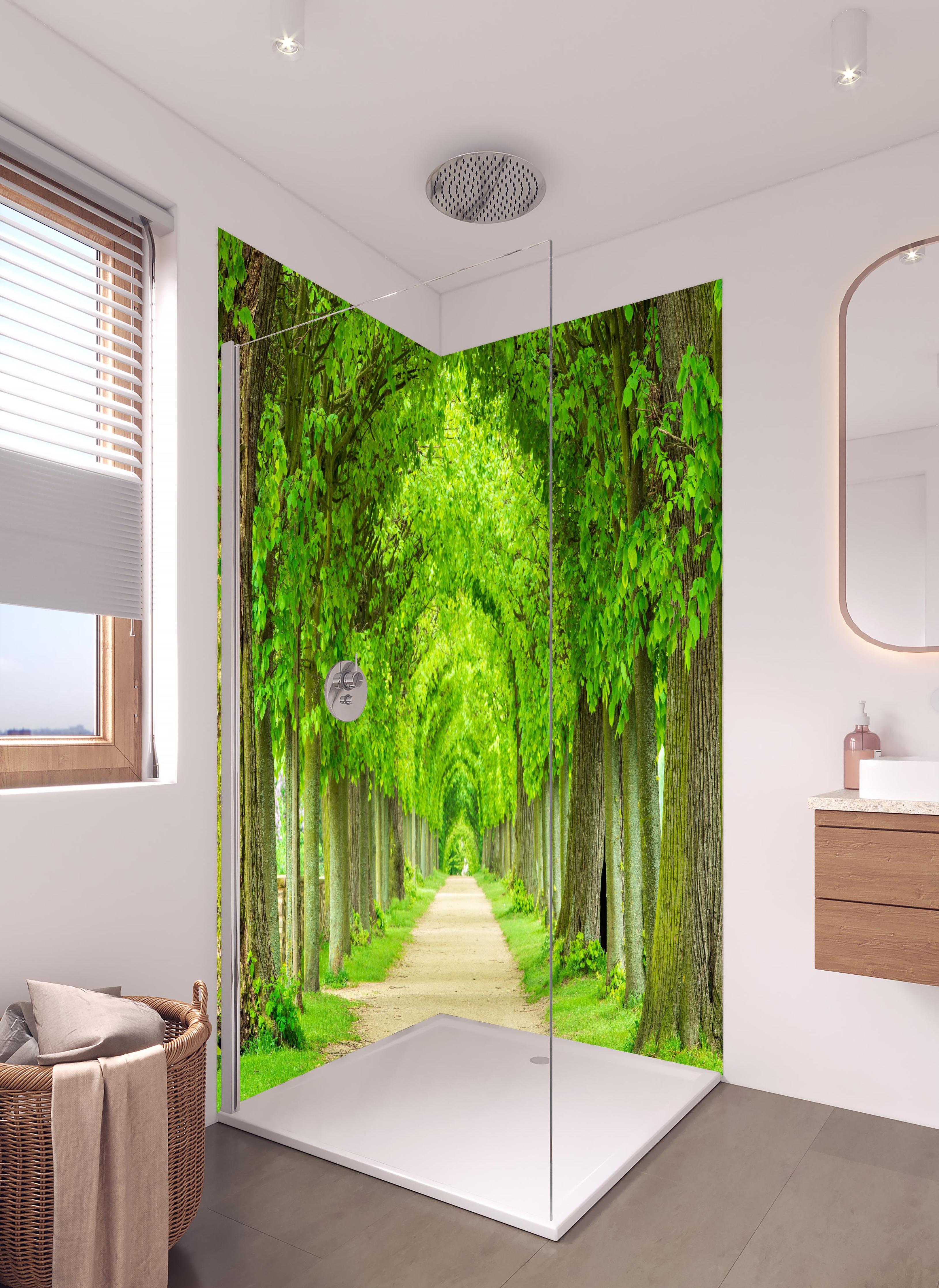 Duschrückwand - Tunnelartige Lindenallee im Frühling in hellem Badezimmer mit Regenduschkopf - zweiteilige Eck-Duschrückwand