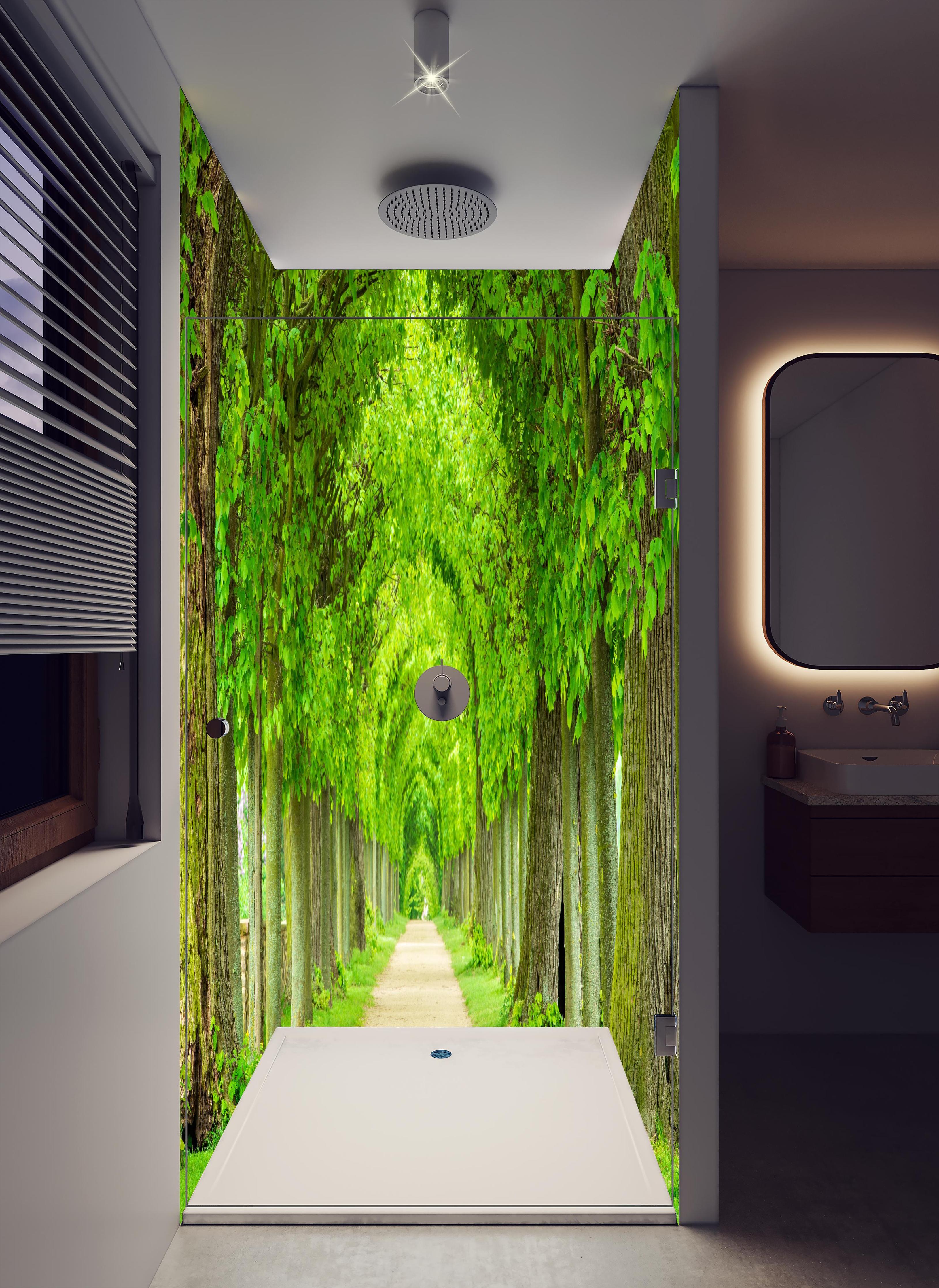 Duschrückwand - Tunnelartige Lindenallee im Frühling in hellem Badezimmer mit Regenduschkopf - zweiteilige Eck-Duschrückwand
