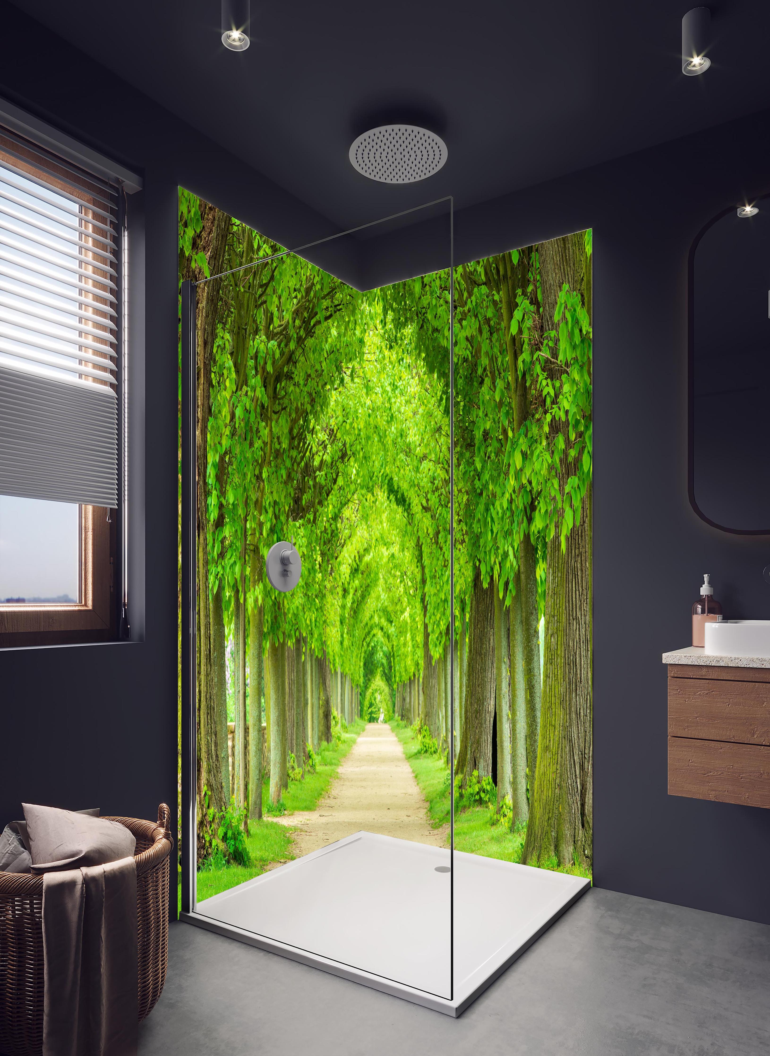 Duschrückwand - Tunnelartige Lindenallee im Frühling in hellem Badezimmer mit Regenduschkopf - zweiteilige Eck-Duschrückwand