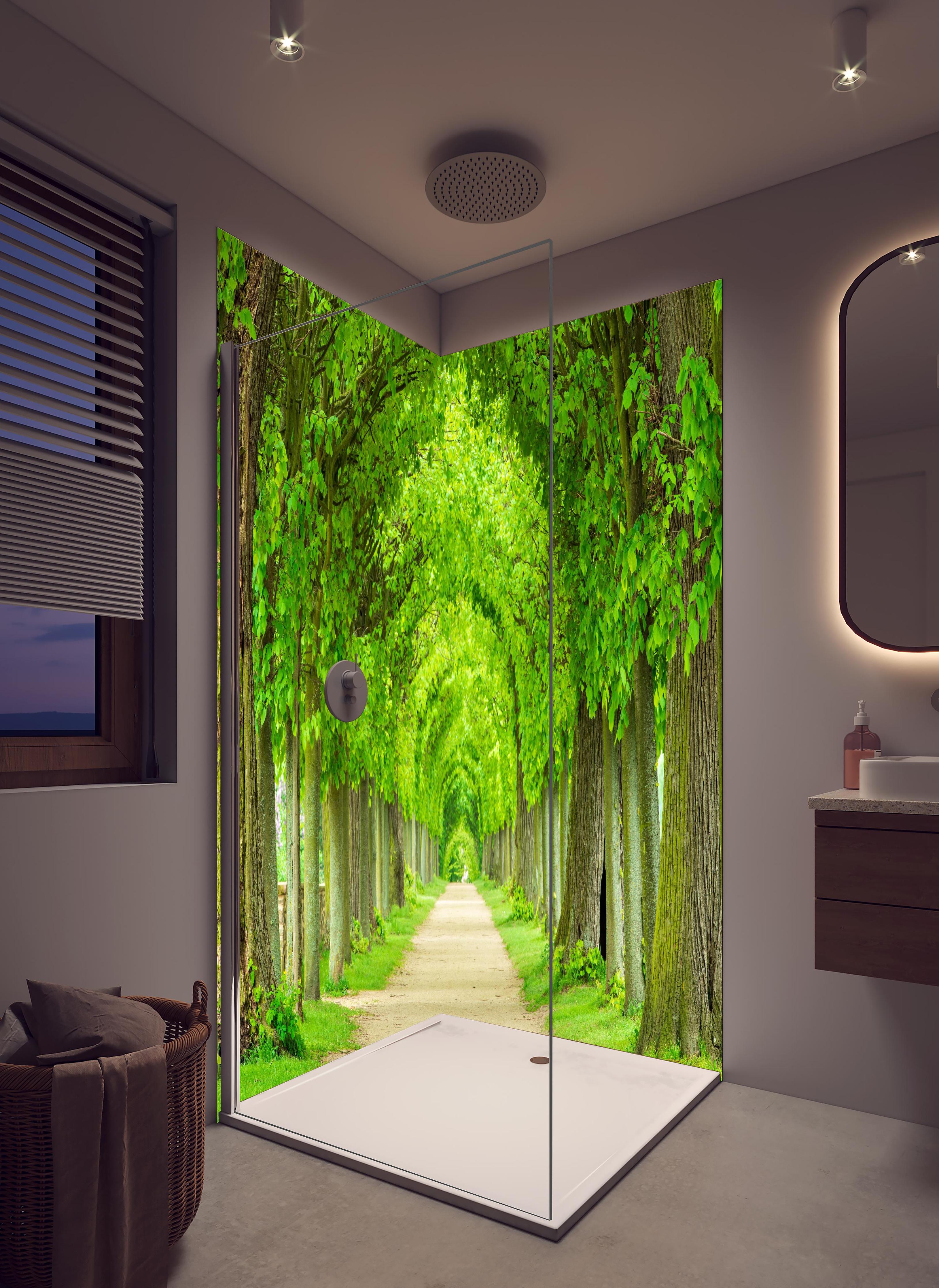 Duschrückwand - Tunnelartige Lindenallee im Frühling in hellem Badezimmer mit Regenduschkopf - zweiteilige Eck-Duschrückwand