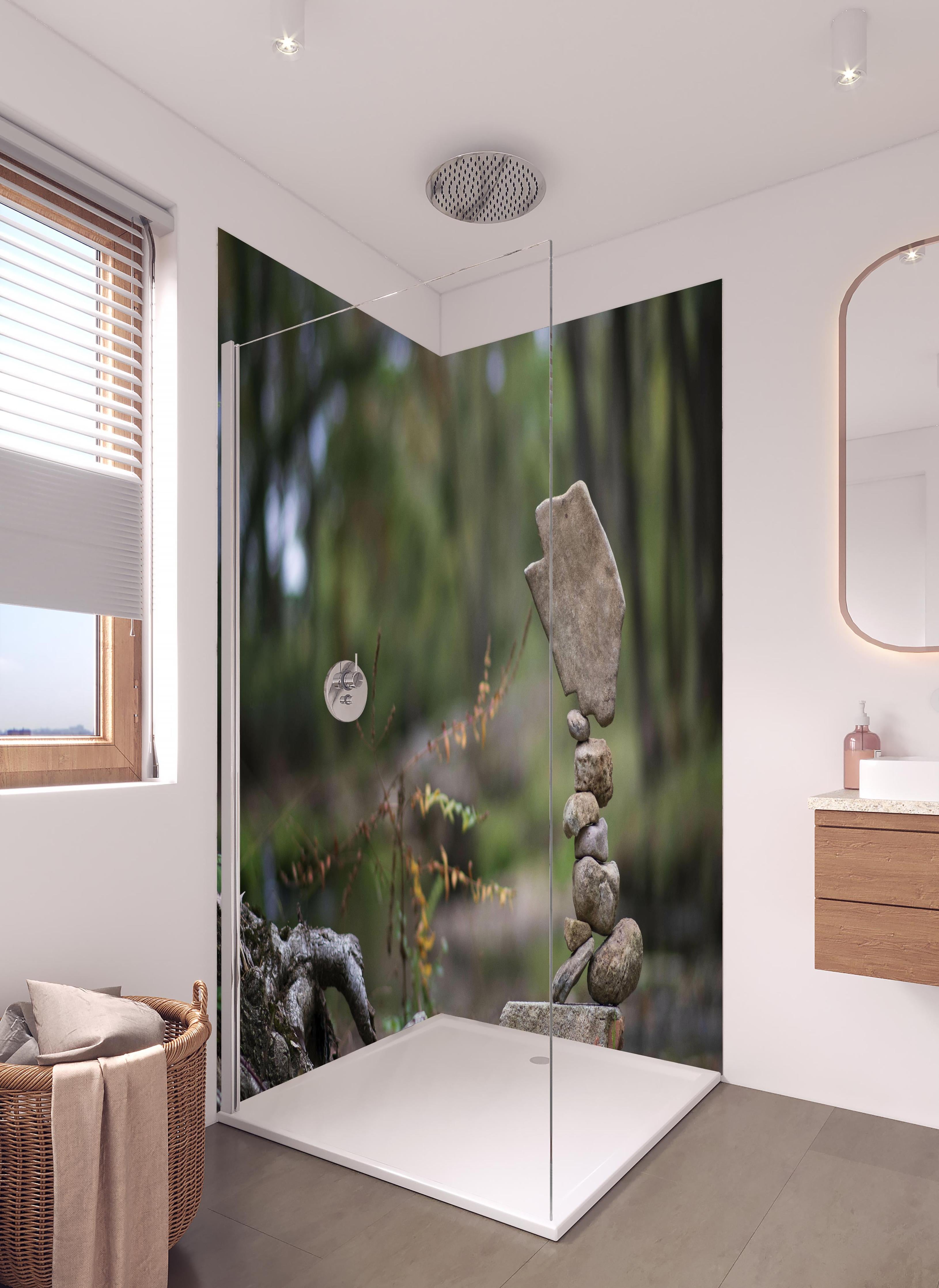 Duschrückwand - Turm aus Steinen im Wald in hellem Badezimmer mit Regenduschkopf - zweiteilige Eck-Duschrückwand