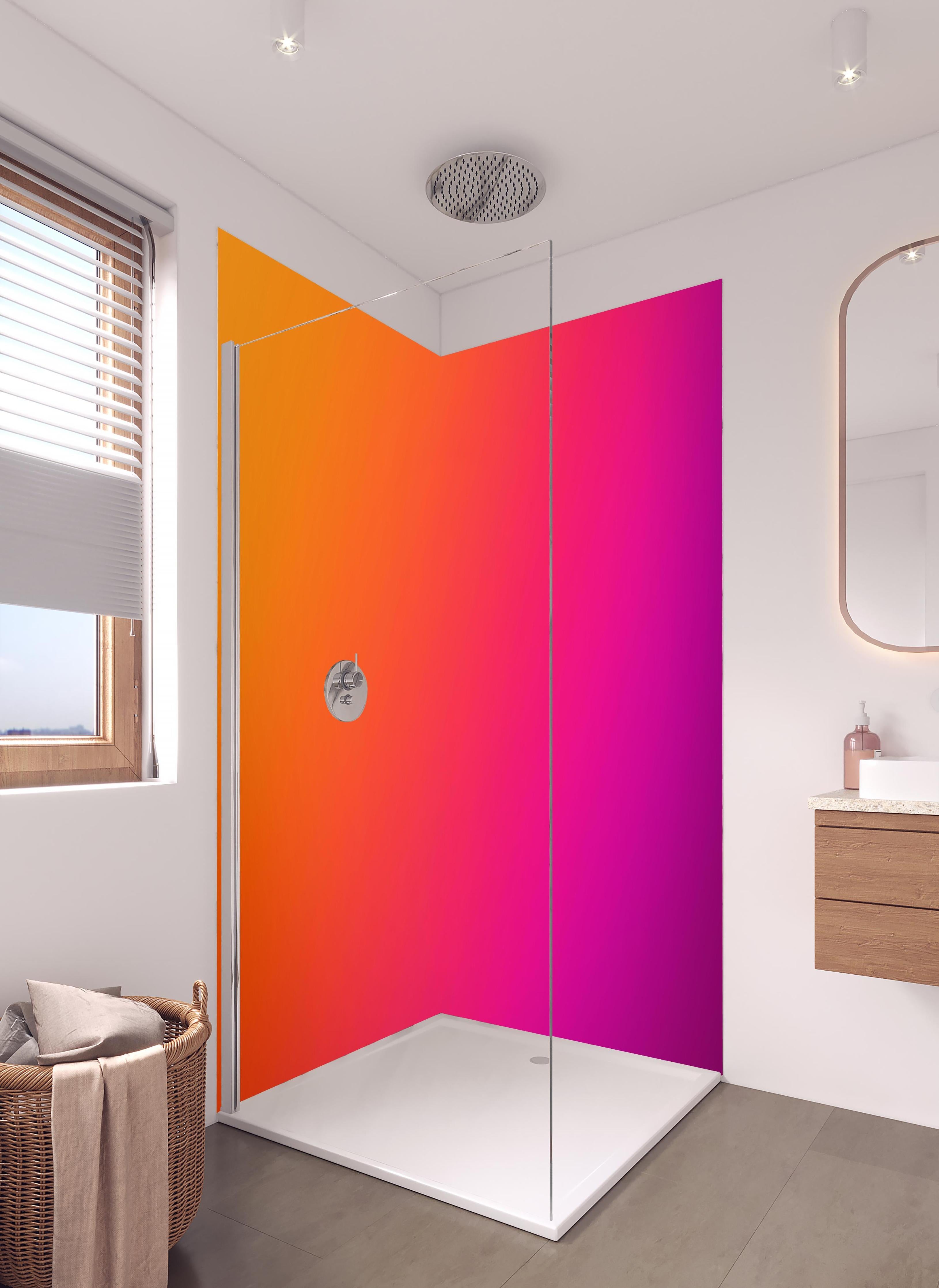 Duschrückwand - Übergang von orange zu lila in hellem Badezimmer mit Regenduschkopf - zweiteilige Eck-Duschrückwand