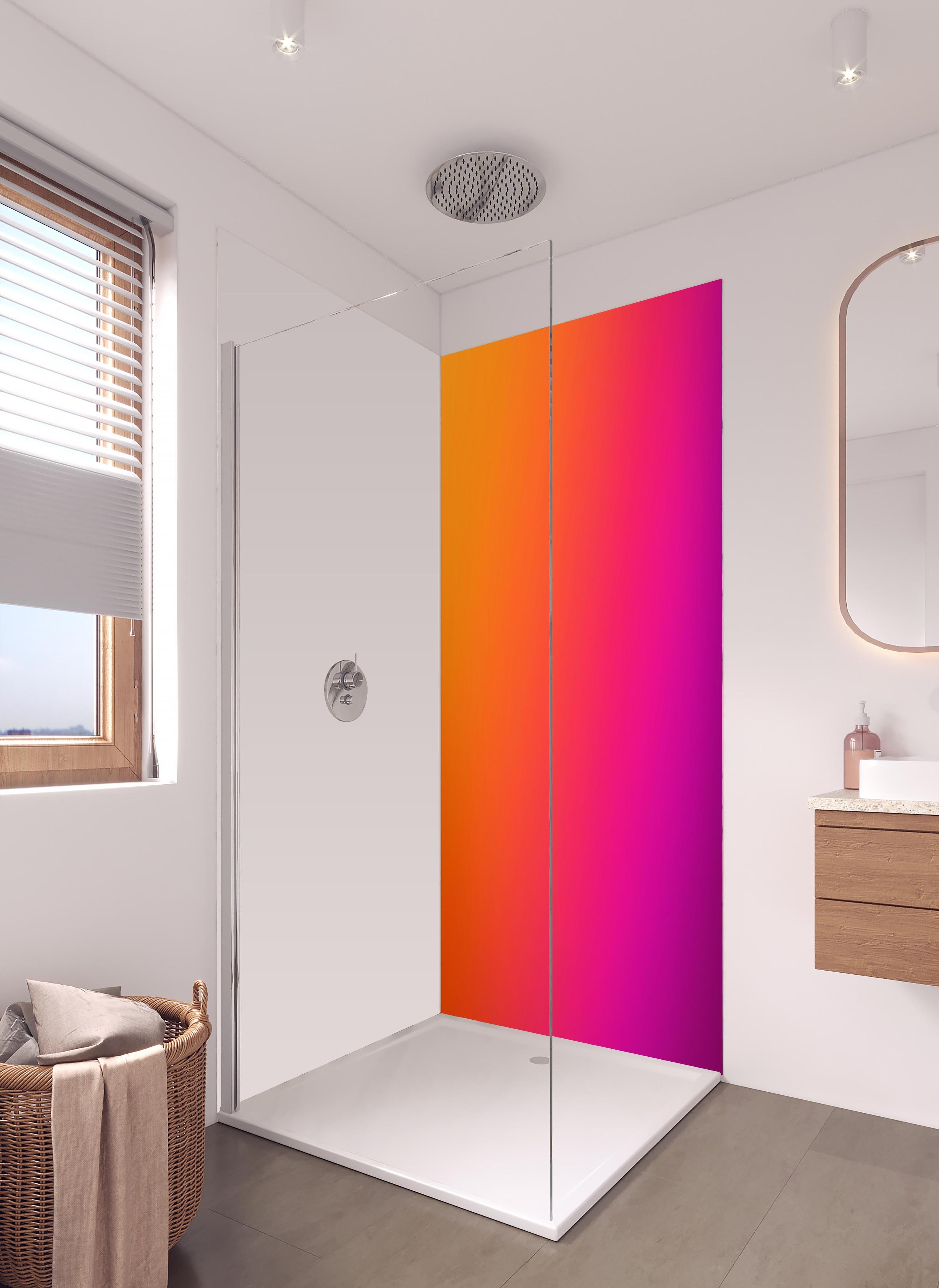Duschrückwand - Übergang von orange zu lila in hellem Badezimmer mit Regenduschkopf - zweiteilige Eck-Duschrückwand