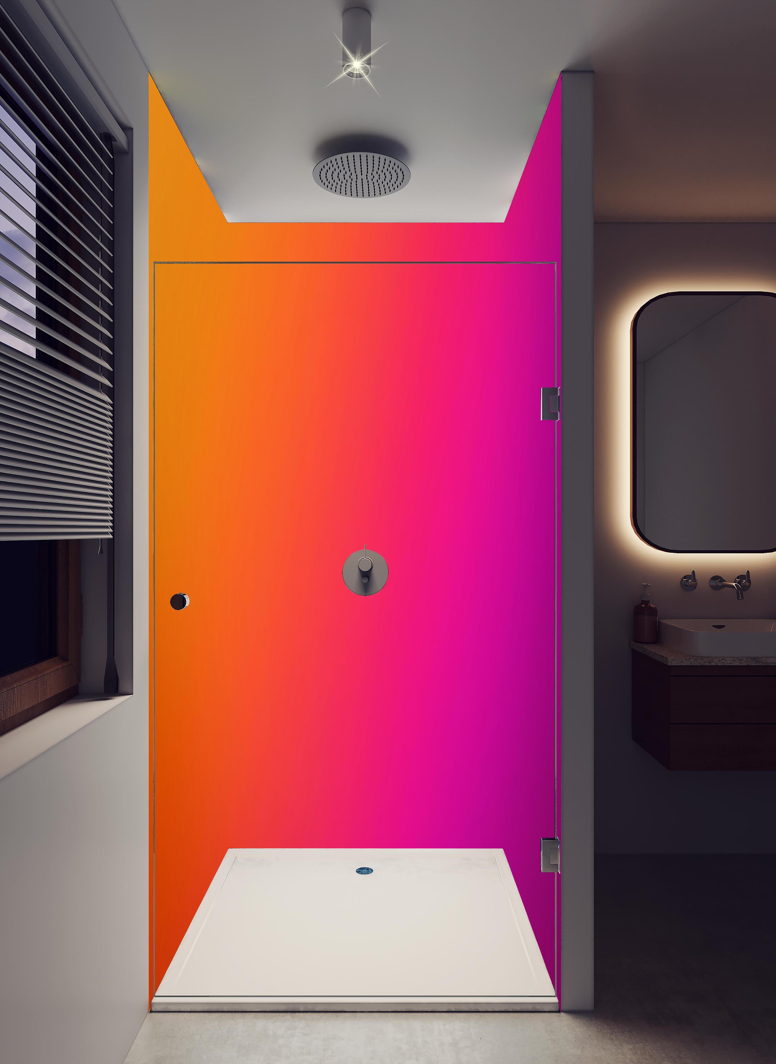 Duschrückwand - Übergang von orange zu lila in hellem Badezimmer mit Regenduschkopf - zweiteilige Eck-Duschrückwand