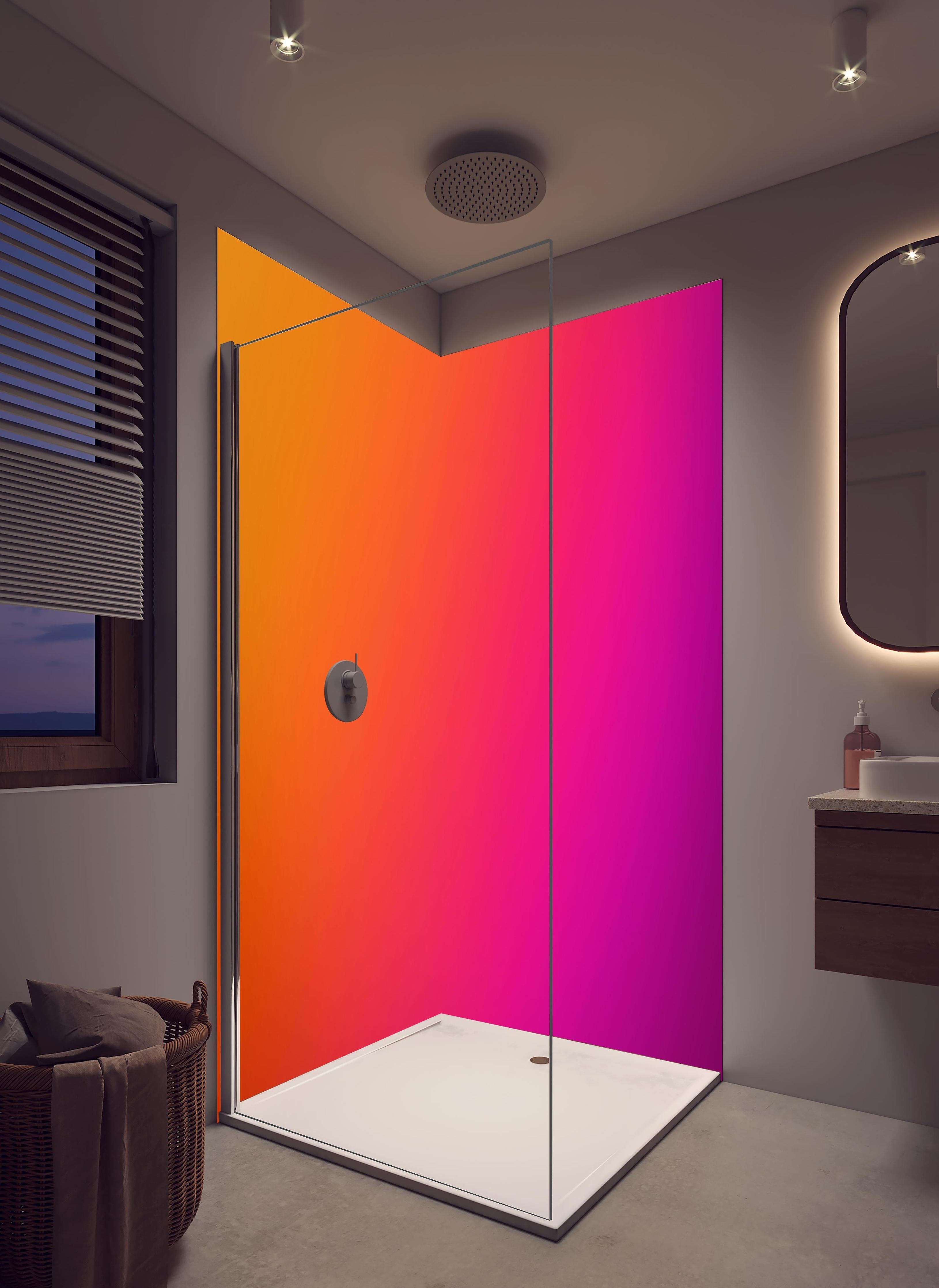 Duschrückwand - Übergang von orange zu lila in hellem Badezimmer mit Regenduschkopf - zweiteilige Eck-Duschrückwand