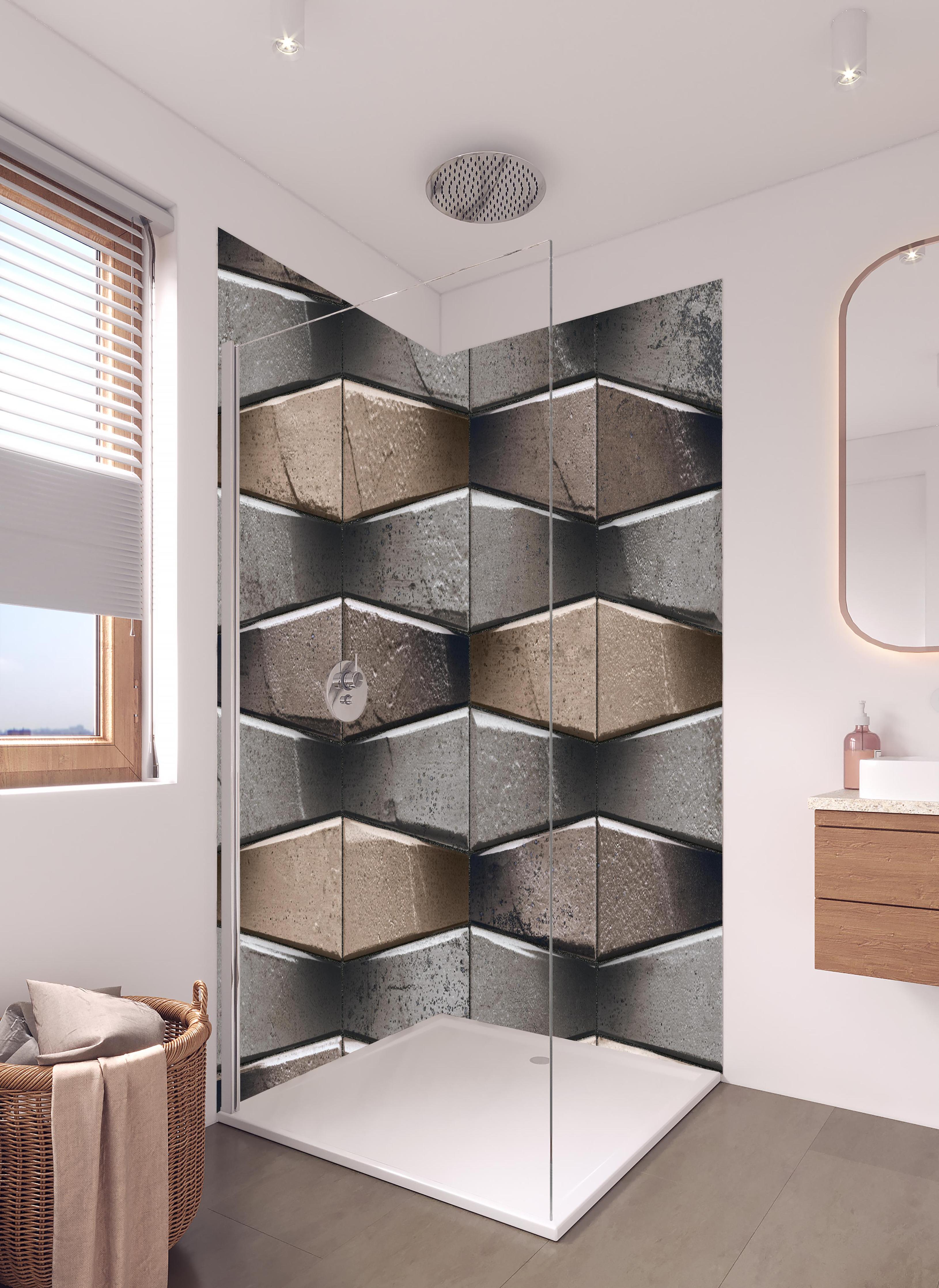 Duschrückwand - Unebene dunkle Steinwand in hellem Badezimmer mit Regenduschkopf - zweiteilige Eck-Duschrückwand