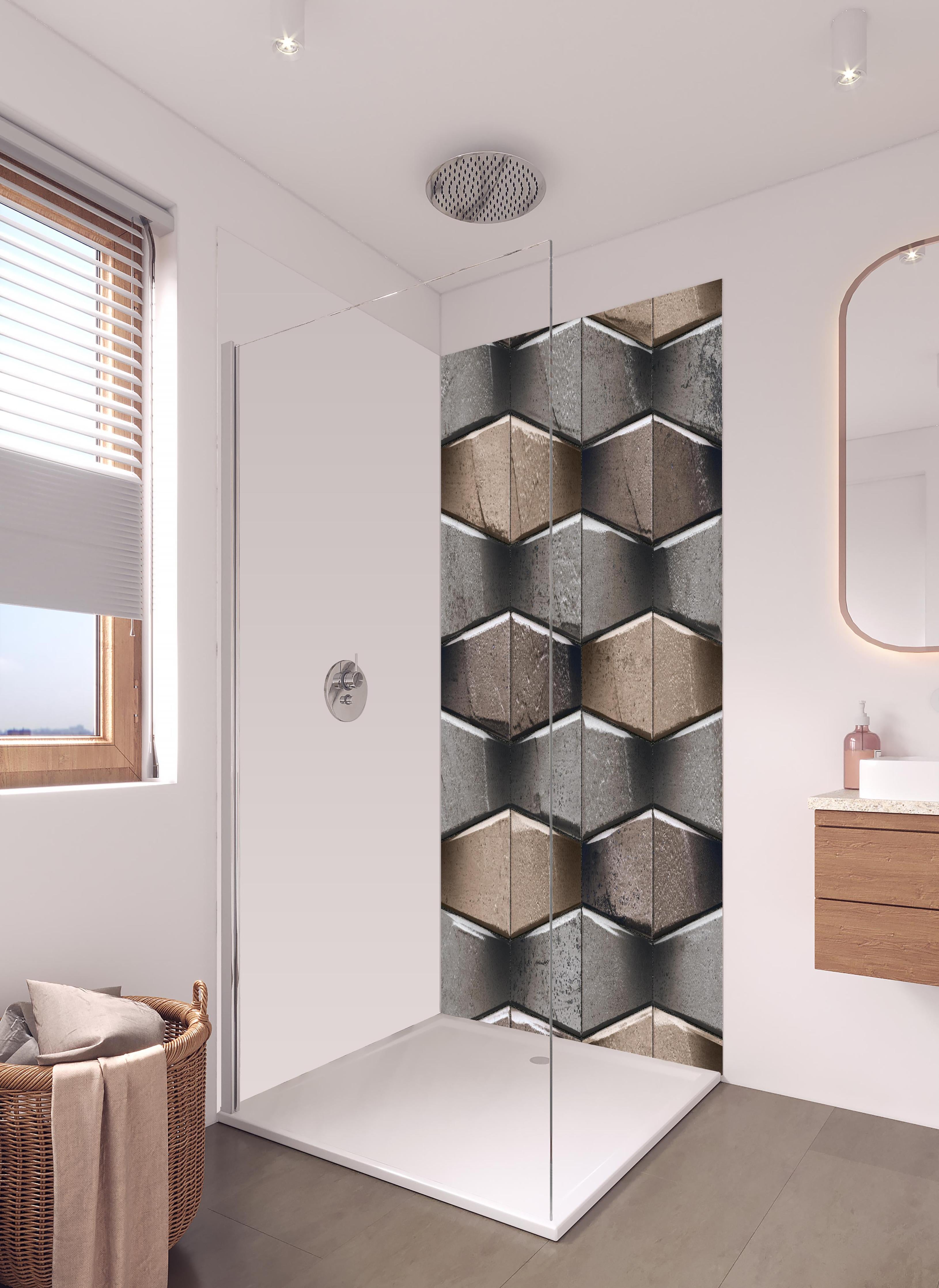 Duschrückwand - Unebene dunkle Steinwand in hellem Badezimmer mit Regenduschkopf - zweiteilige Eck-Duschrückwand